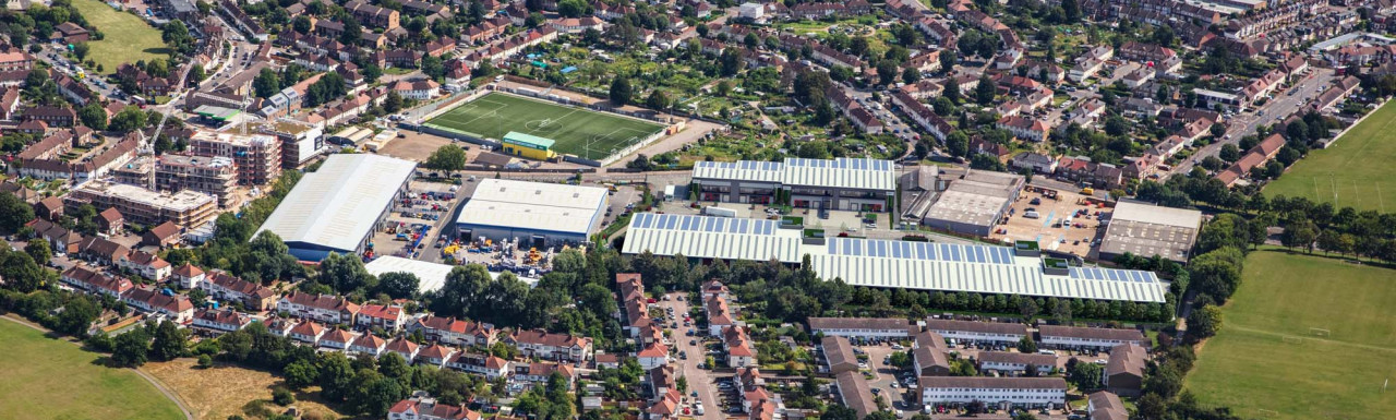 Aerial view of the SEGRO Tottenham Park development site in Tottenham, London N17.