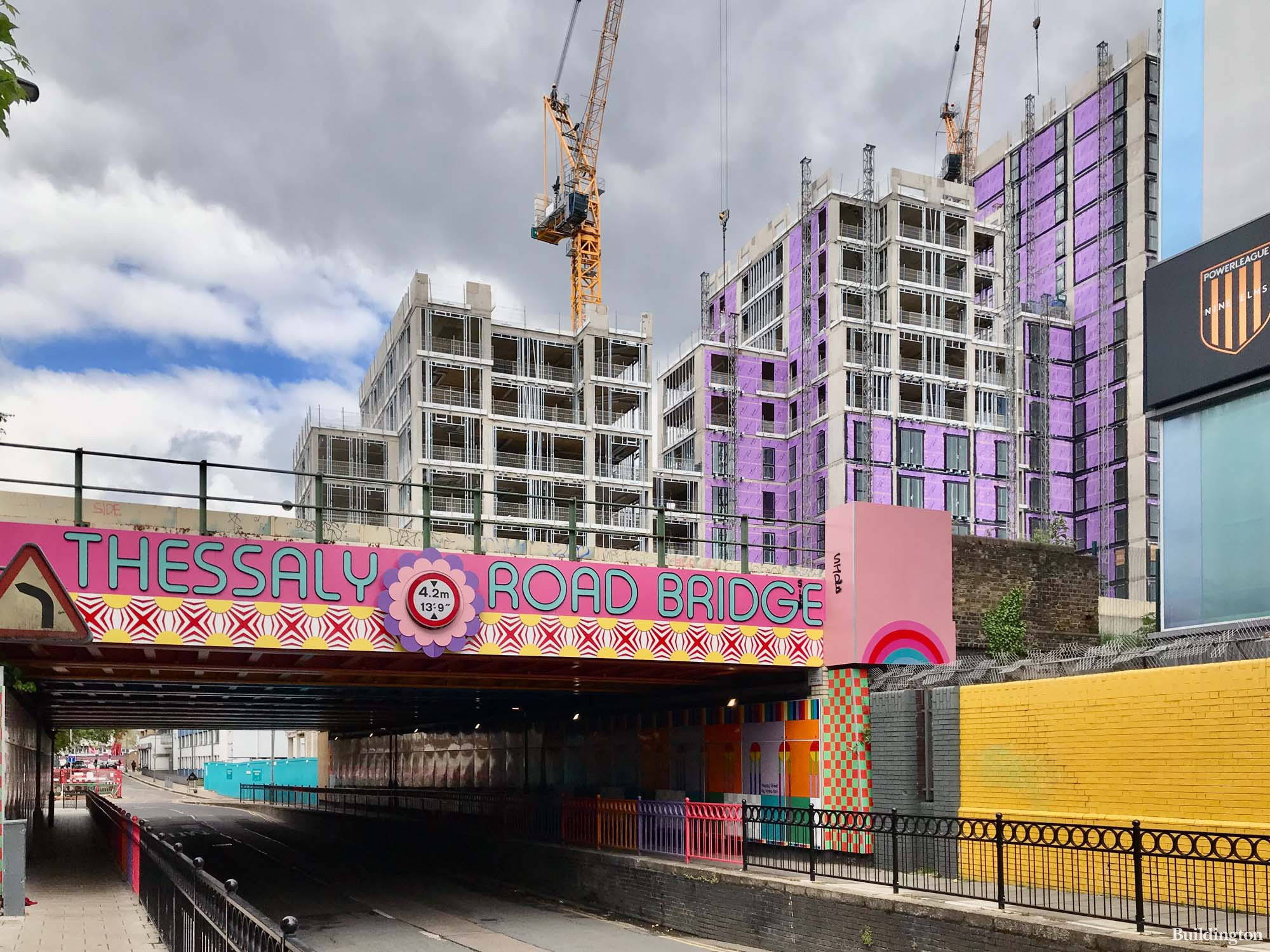 Battersea Power Station Phase 4a next to Thessaly Road Bridge decorated by Yinka Ilori ('Happy Street').