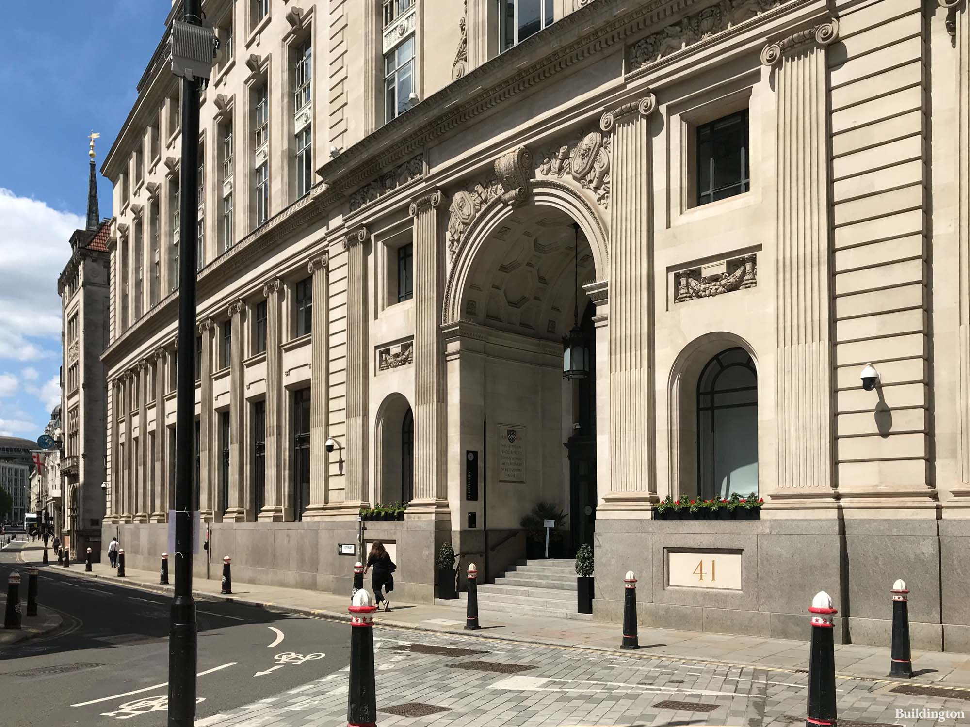 View to the entrance to 41 Lothbury from Bartholomew Lane in the City of London EC2.