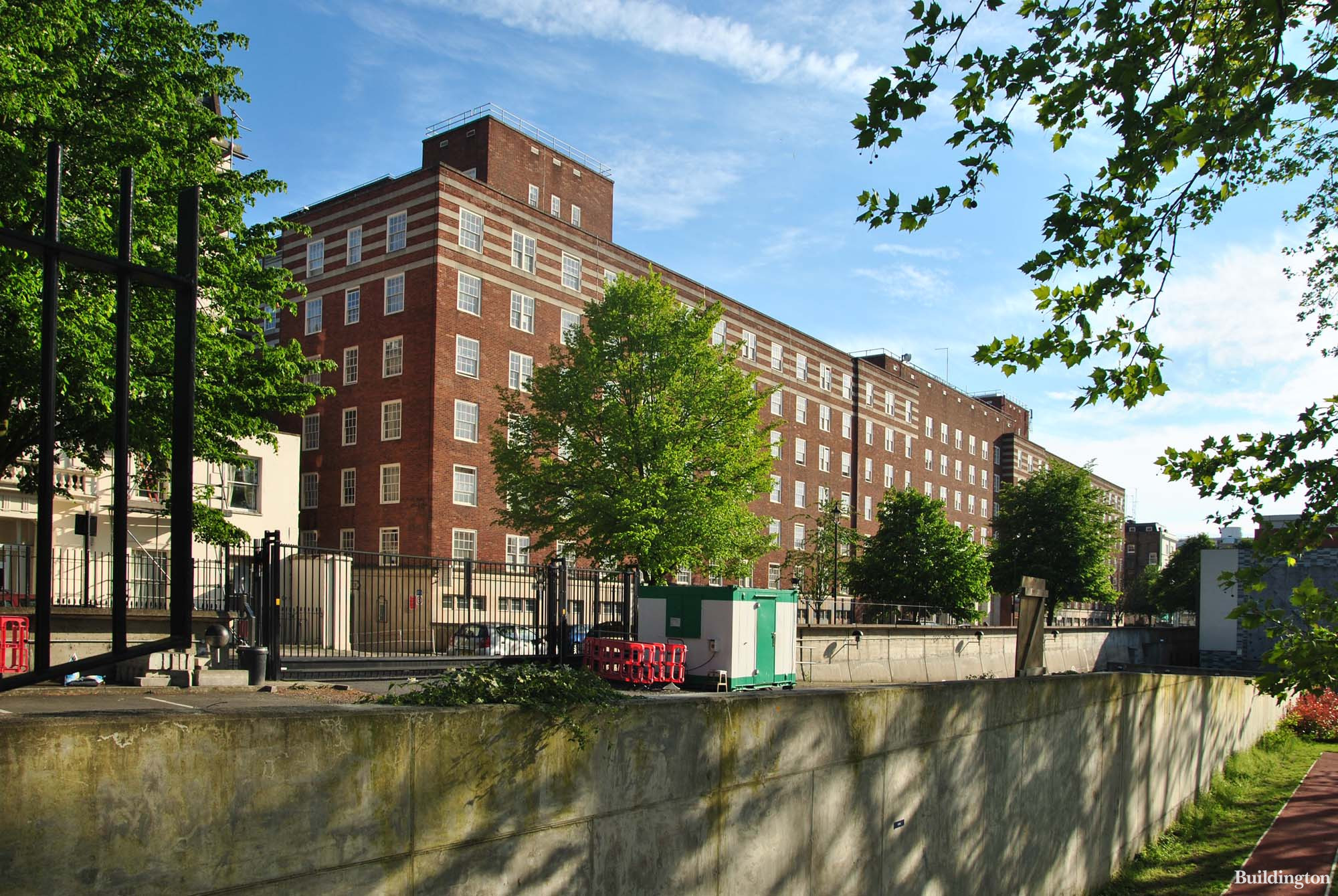 View to Dolphin Square from Lupus Street in Pimlico, London SW1.