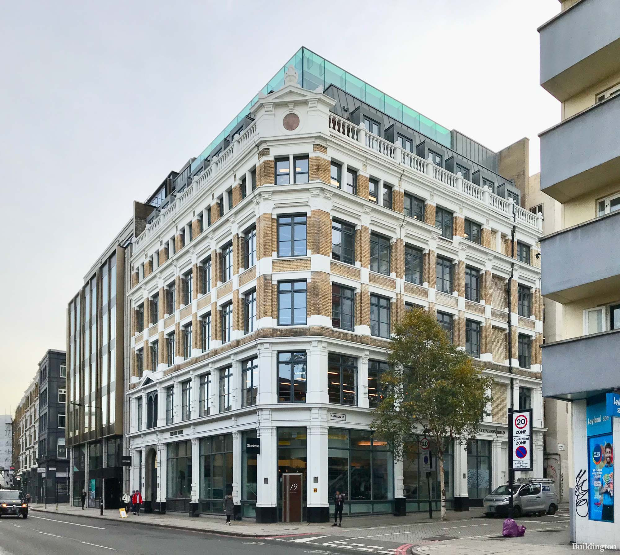 77-79 Farringdon Road building on the corner of Saffron Street and Farringdon Road in London EC1. 