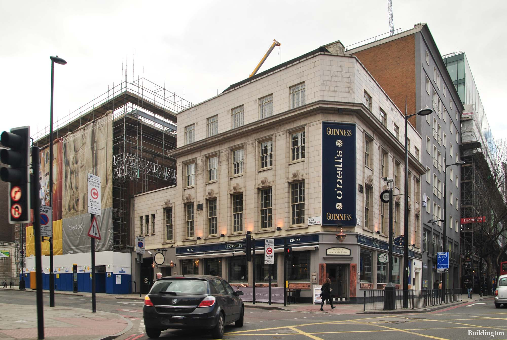 O'Neill's Guinness pub at 73-77 Euston Road on the corner of Judd Street; John Dodson House is being refurbished next door.