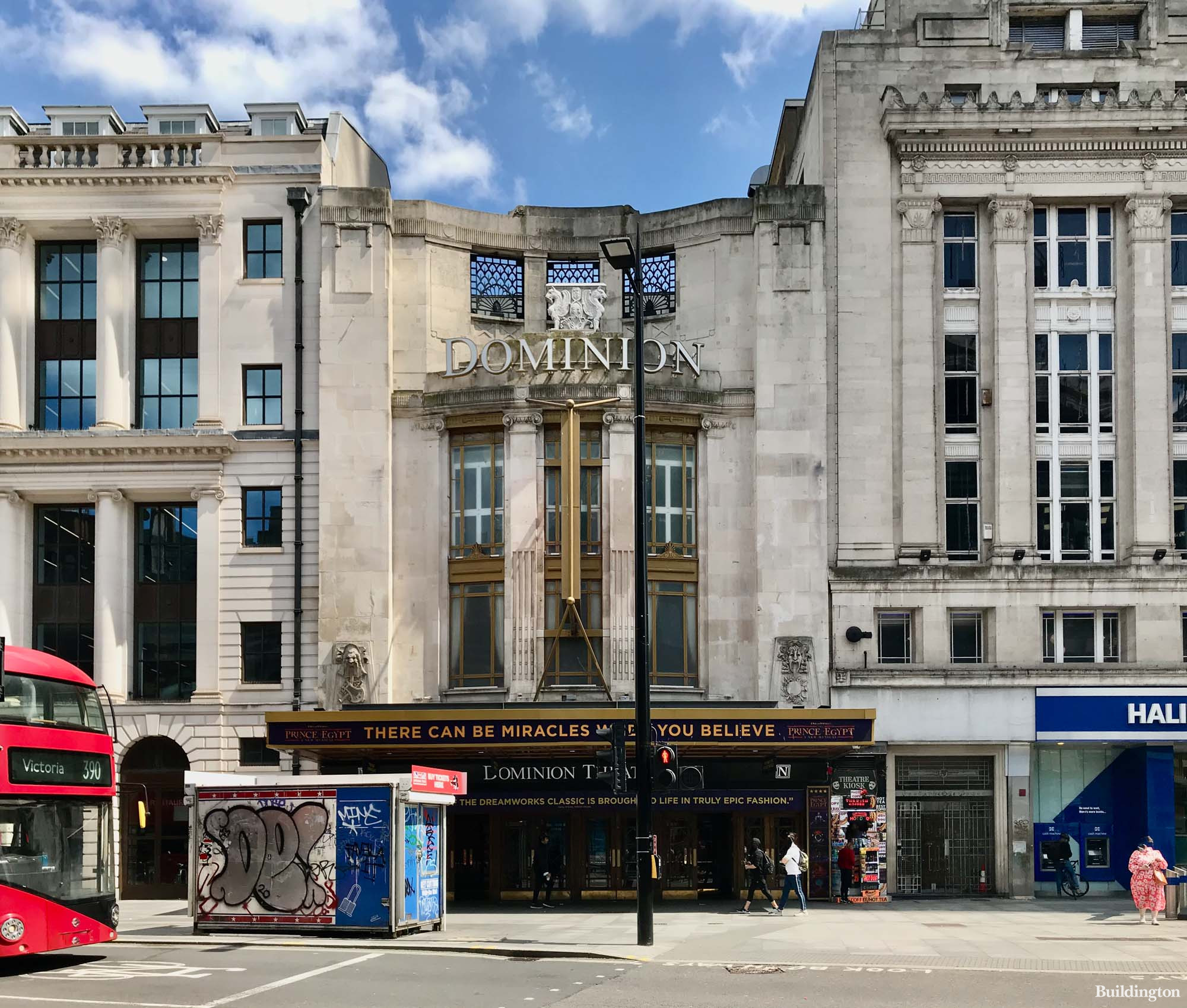 Dominion Theatre building on Tottenham Court Road in summer 2021.