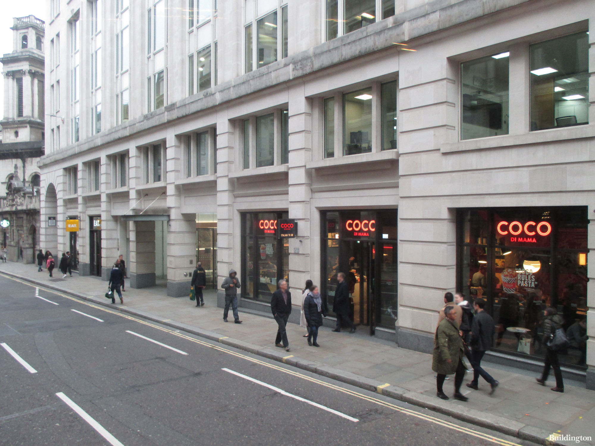 EAT and COCO di Mama on the ground floor of Capital House at 85 King William Street building in the City of London EC4.