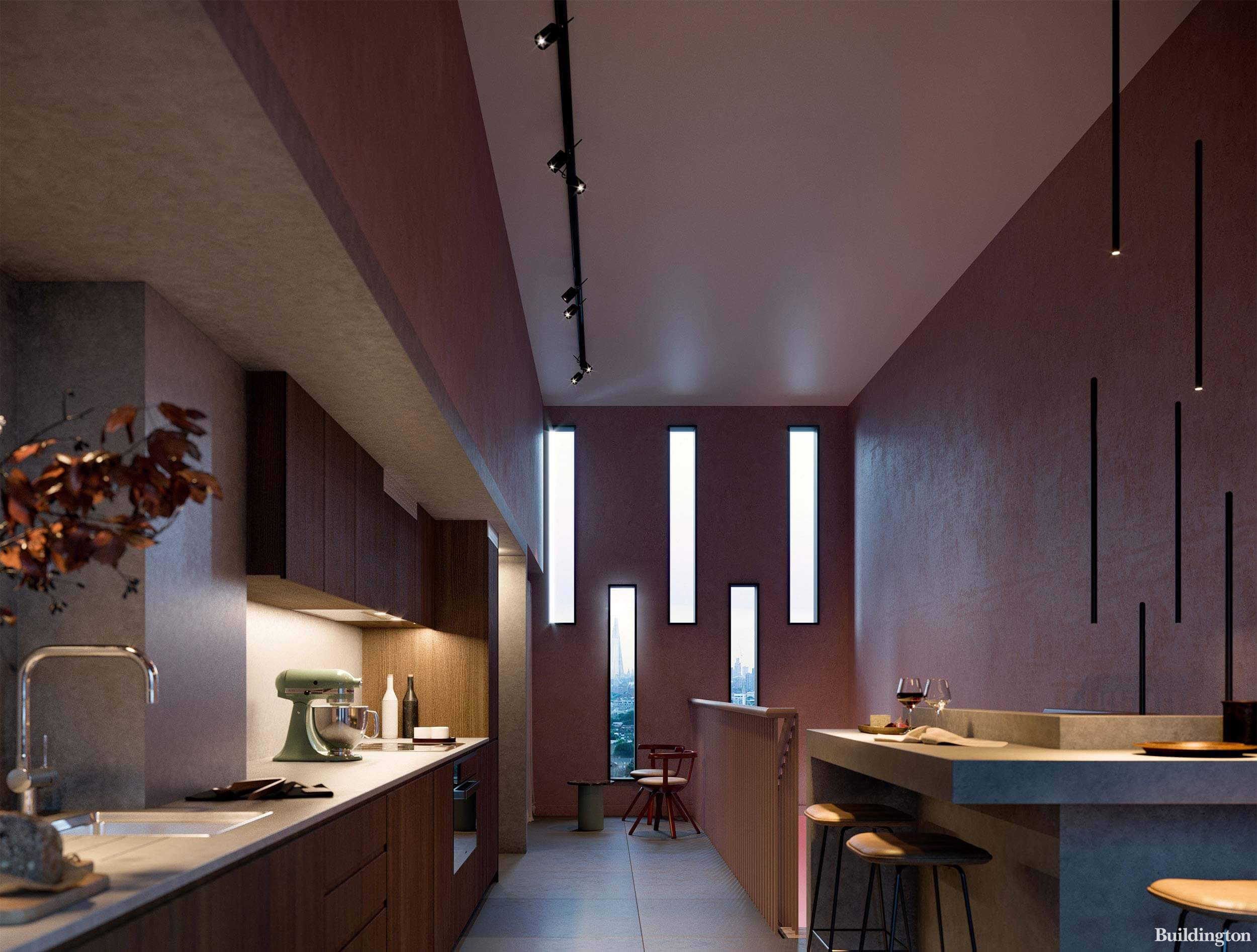 Interiors at Balfron Tower have been designed by Studio Egret West. CGI of the kitchen in one of the apartments in the tower.