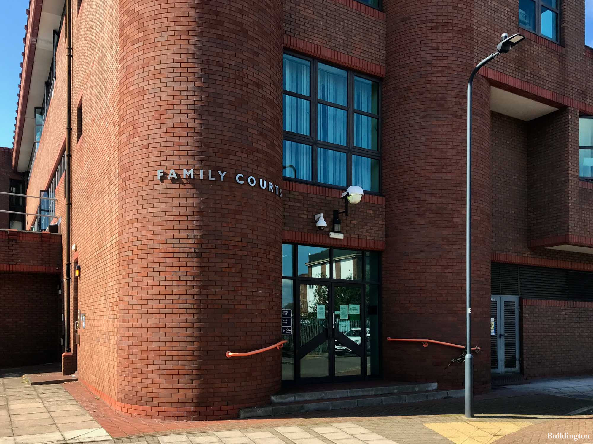 Family Courts entrance at Willesden Magistrates' Court building on Chapel Close off High Road in London NW10.