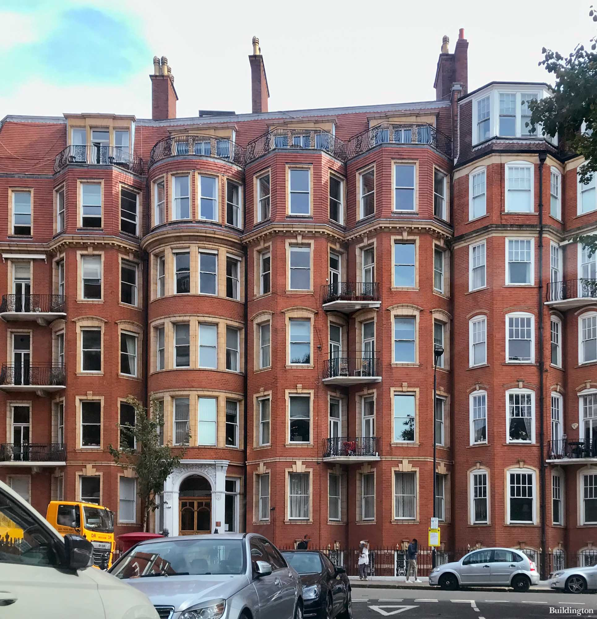 Cedar House flats on Marloes Road; view from Abigndon Villas in Kensington, London W8.