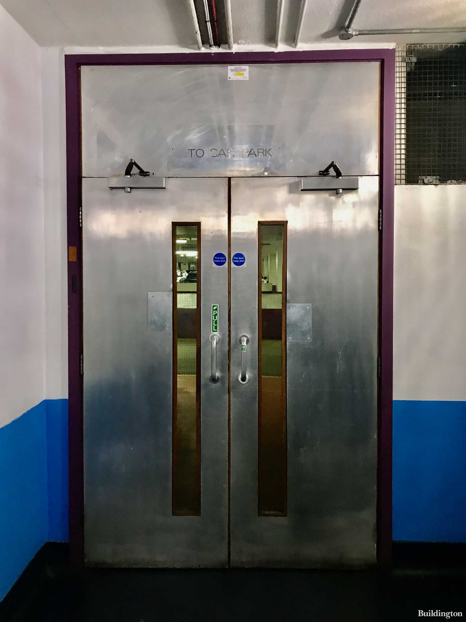 Doors at Hornton Street car park under Kensington and Chelsea Town Hall.