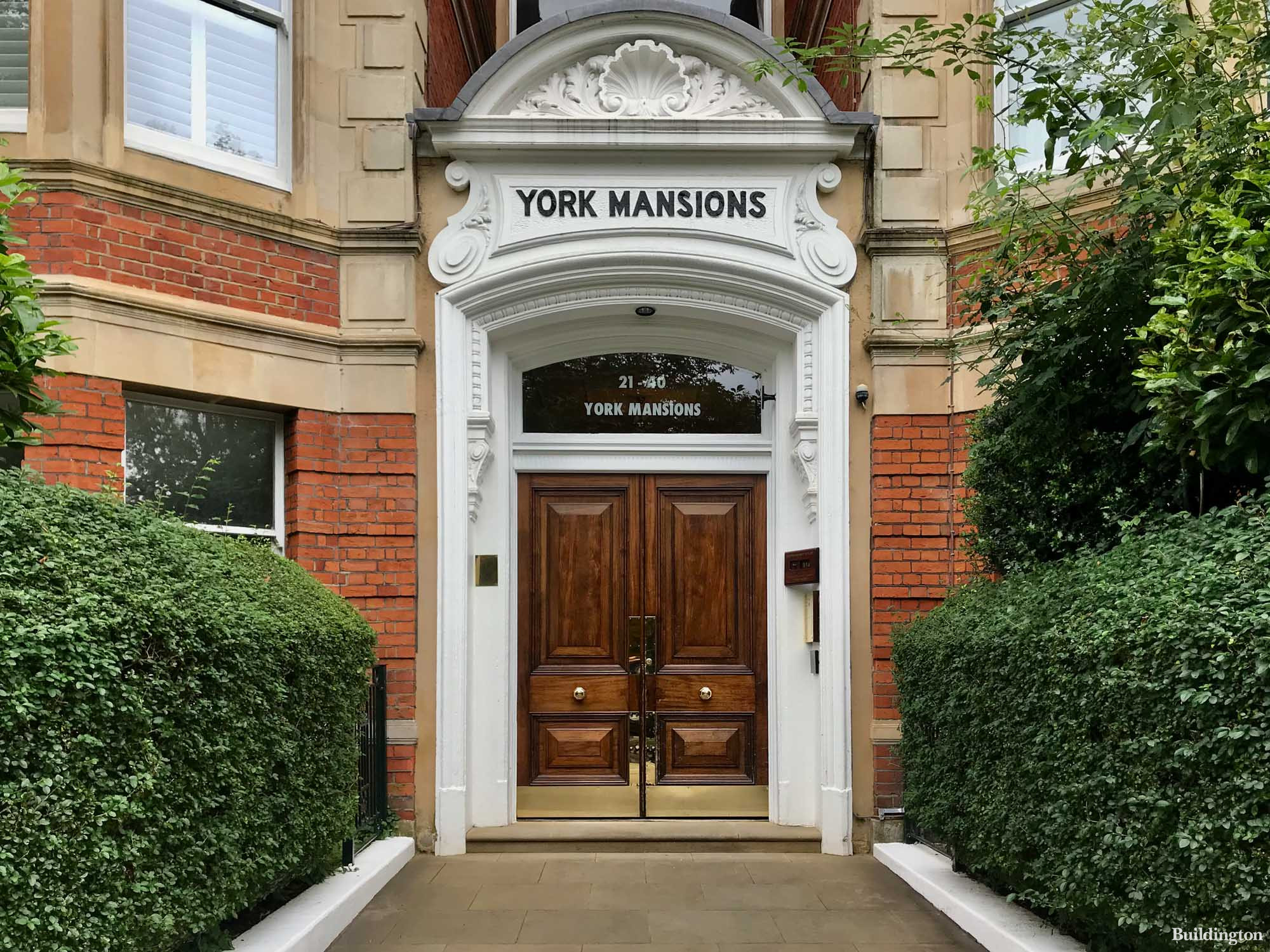 Entrance to York Mansions flats no. 21-40 on Prince of Wales Drive in Battersea, London SW11.