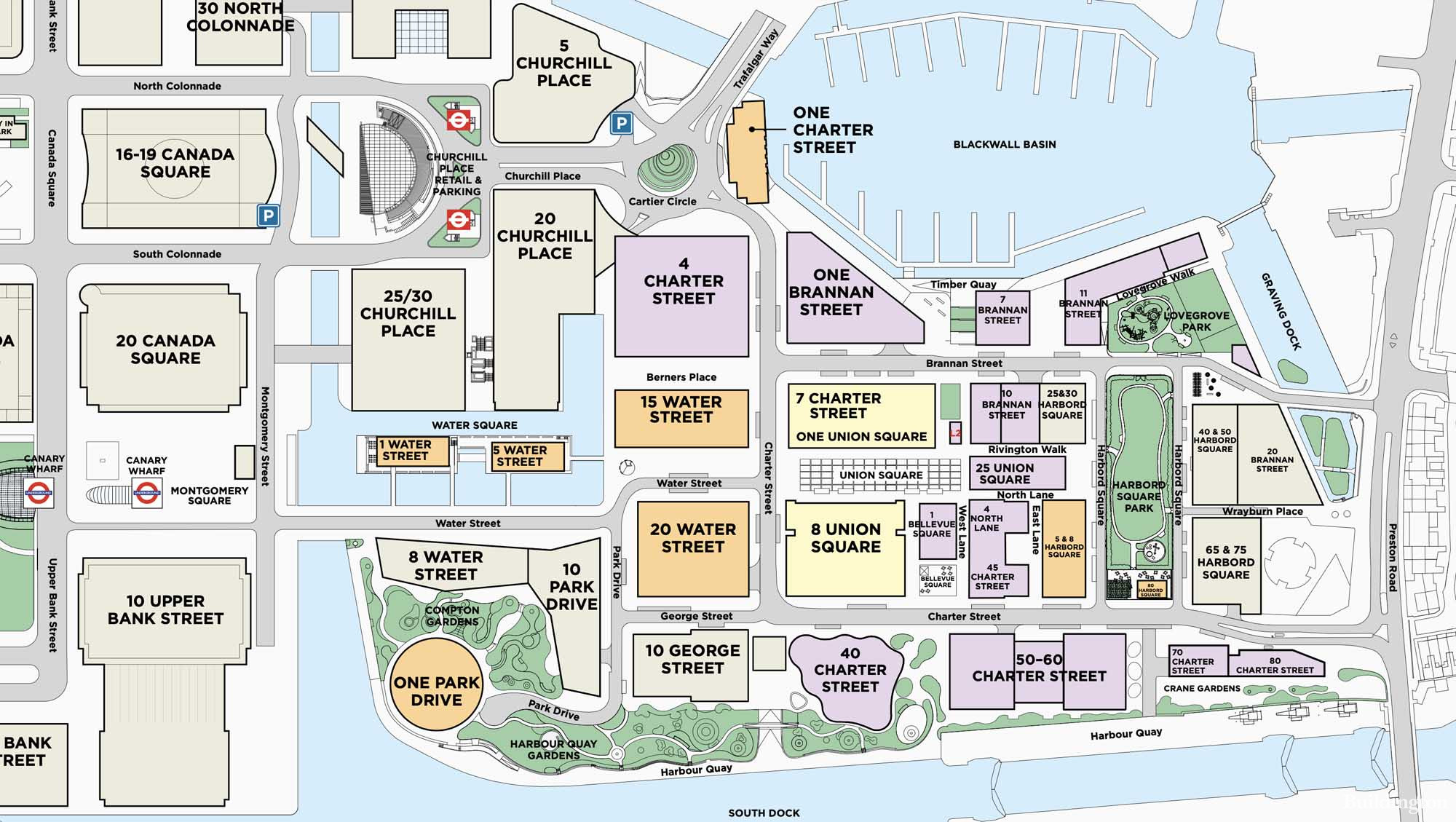 Wood Wharf site plan/masterplan/site map in 2021.