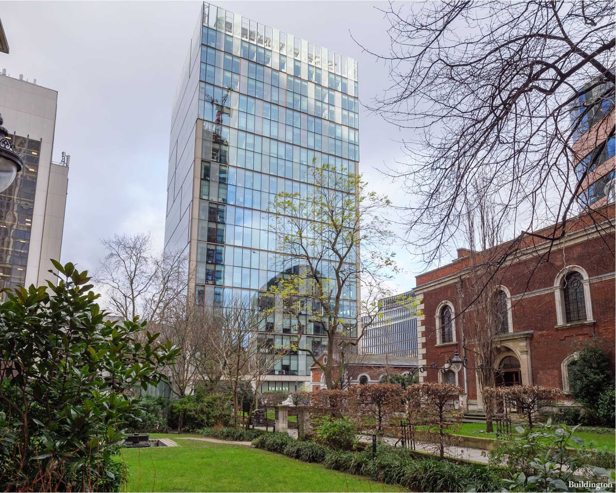 The 17-storey Dashwood House office building in the City of London EC2 is just moments from Liverpool Street Station. St. Botolph Bishopsgate to the right.