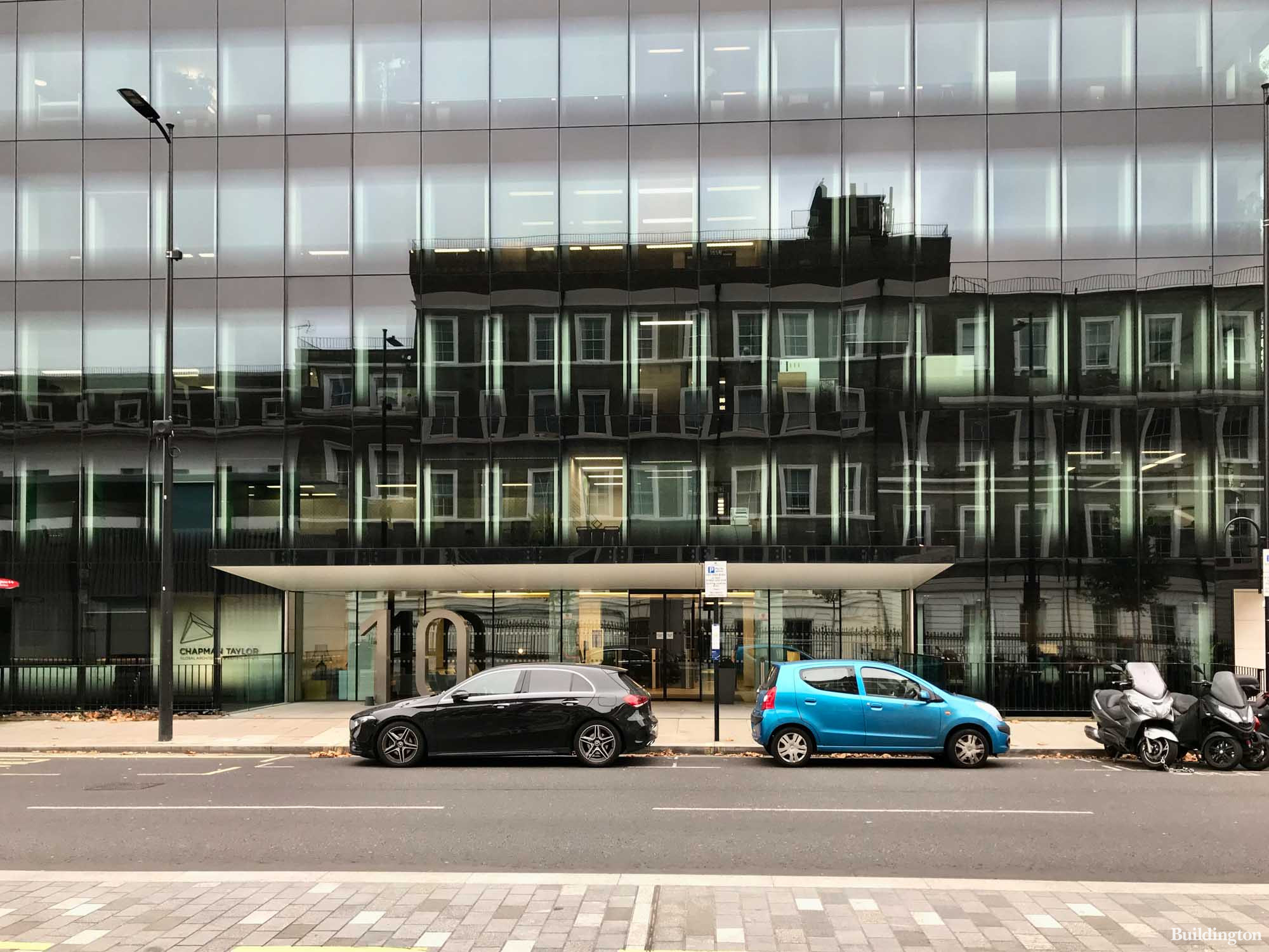 Main entrance to 10 Eastbourne Terrace office building.