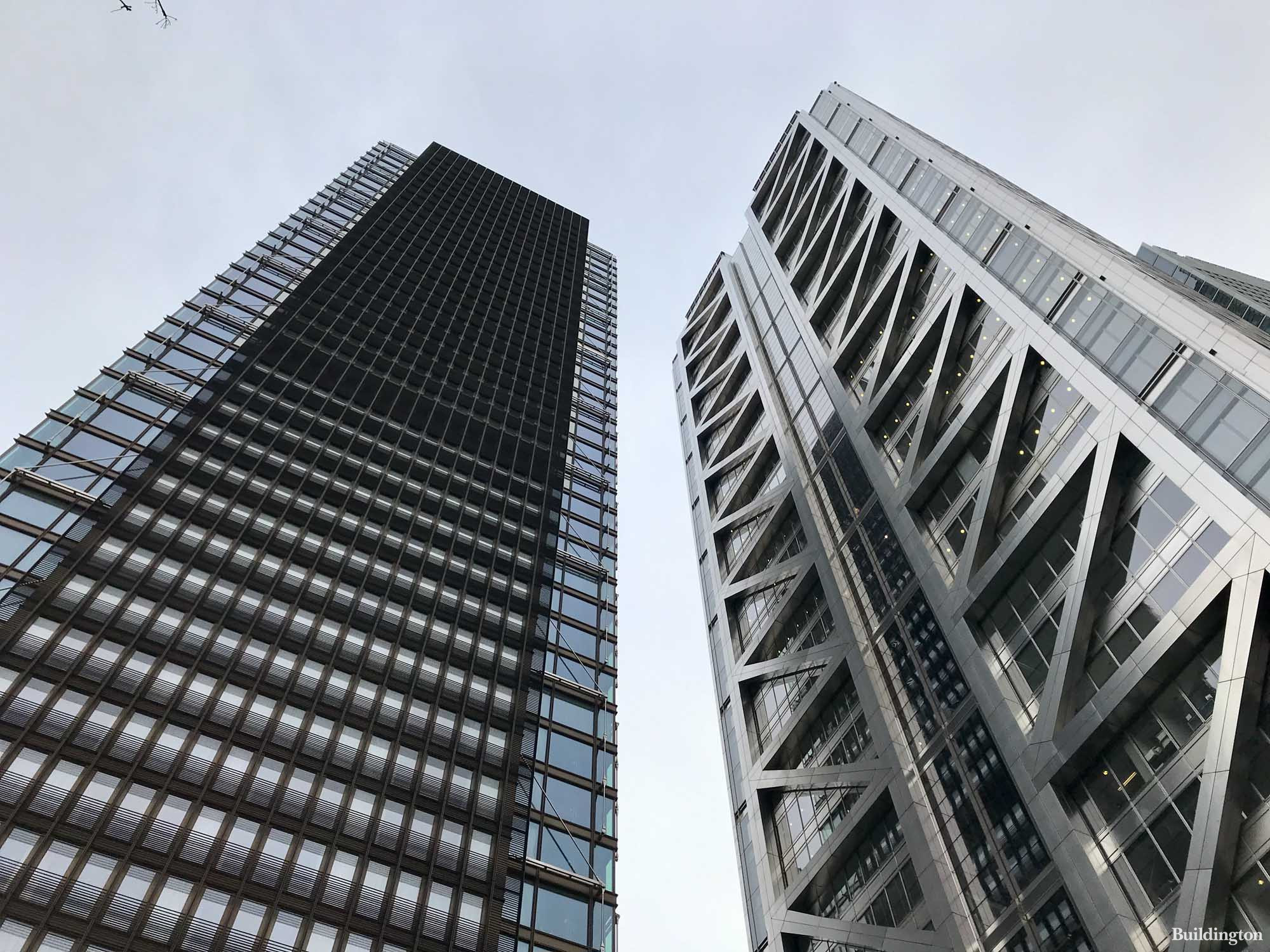 One Bishopsgate Plaza and Salesforce Tower/Heron Plaza buildings side by side. 