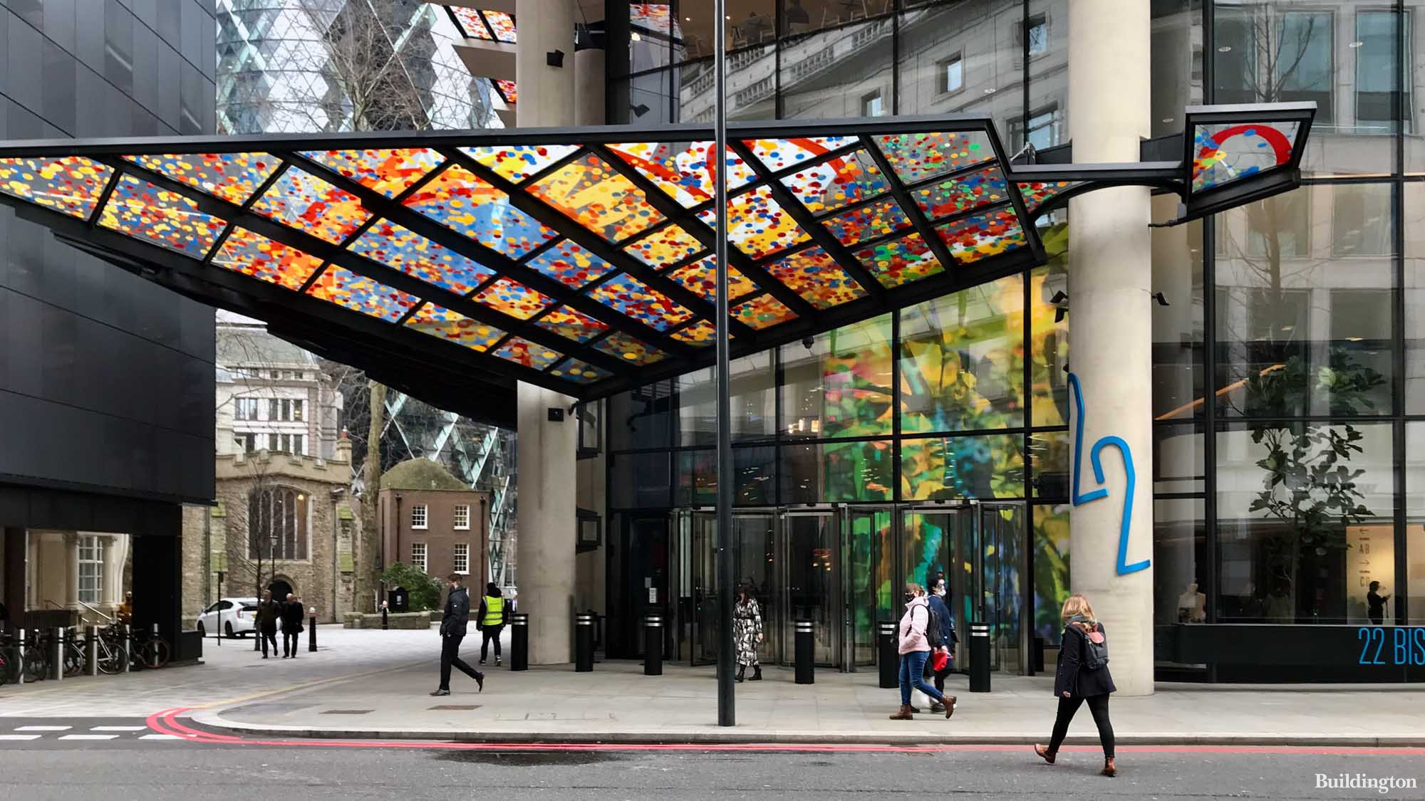 22 Bishopsgate building entrance on Bishopsgate in the City of London EC3. Glass canopies with artwork by Alexander Beleschenko.