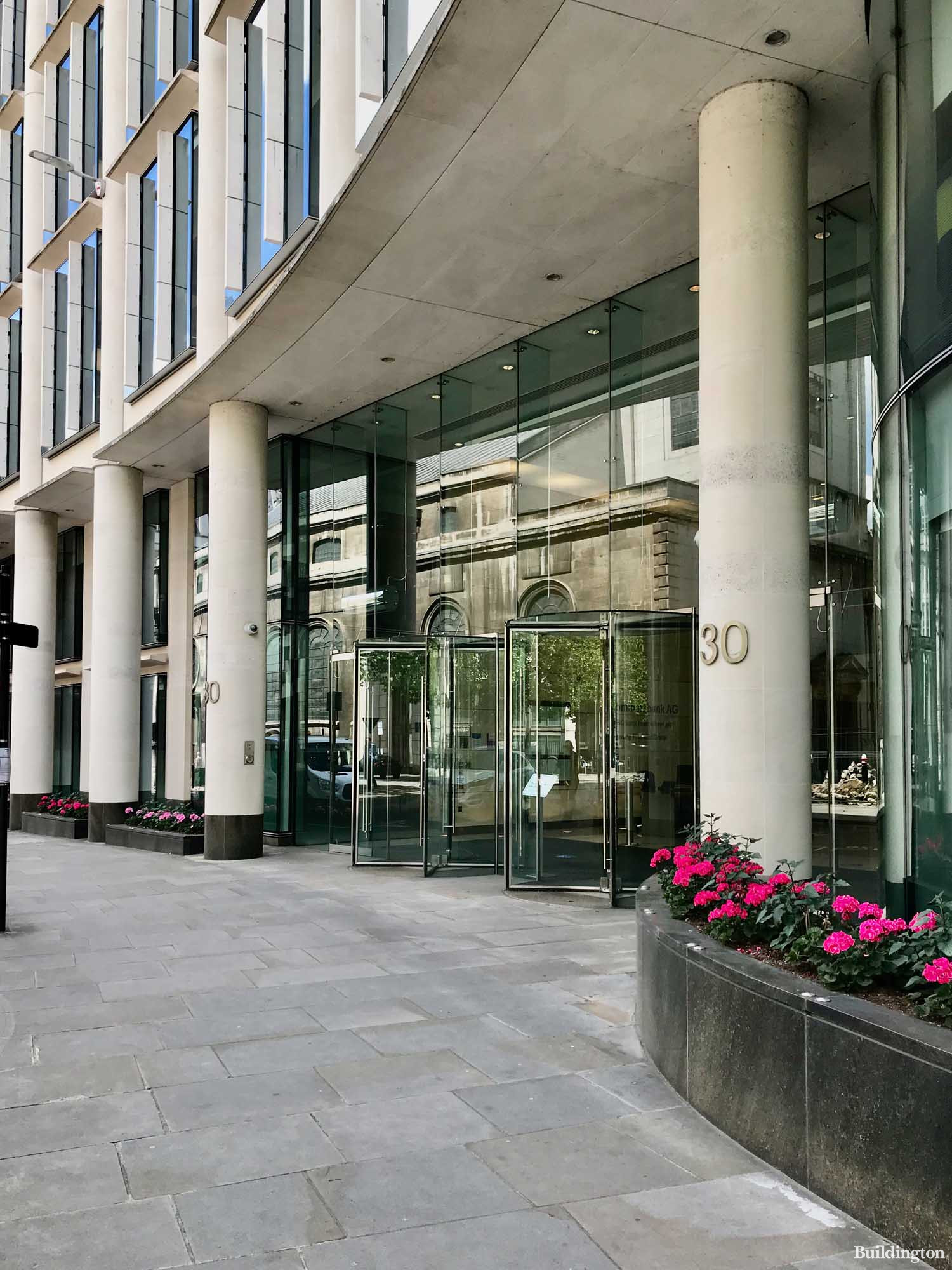 Entrance to 30 Gresham Street office building in the City of London EC2.