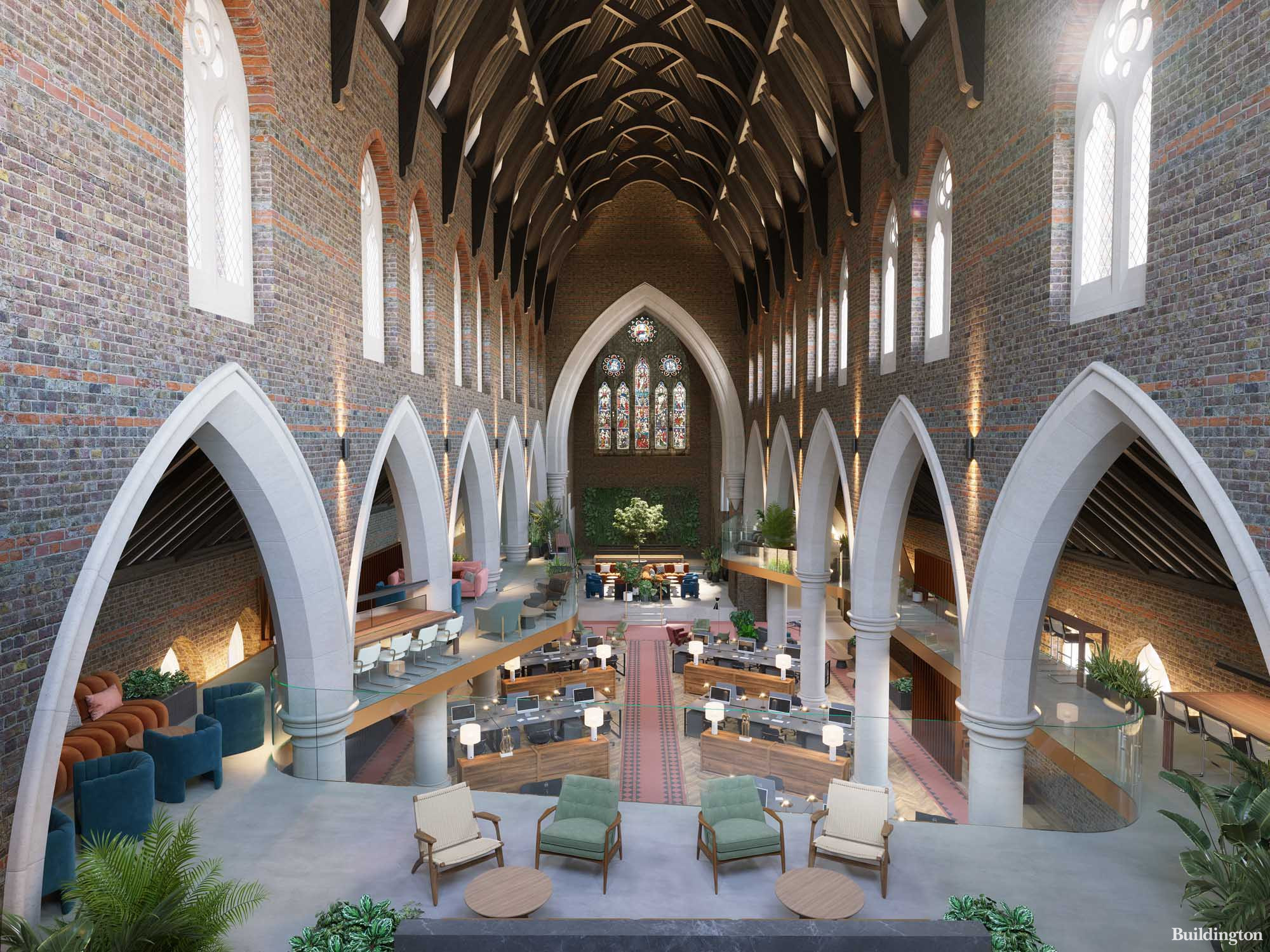 CGI of the interiors at the Grade I Listed St Michael & All Angels Church of Vetus + Novum development.