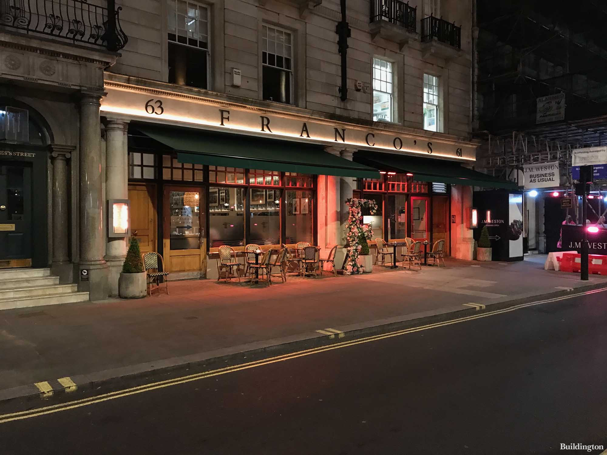 Franco's at night att 61-63 Jermyn Street in St James's, London SW1.