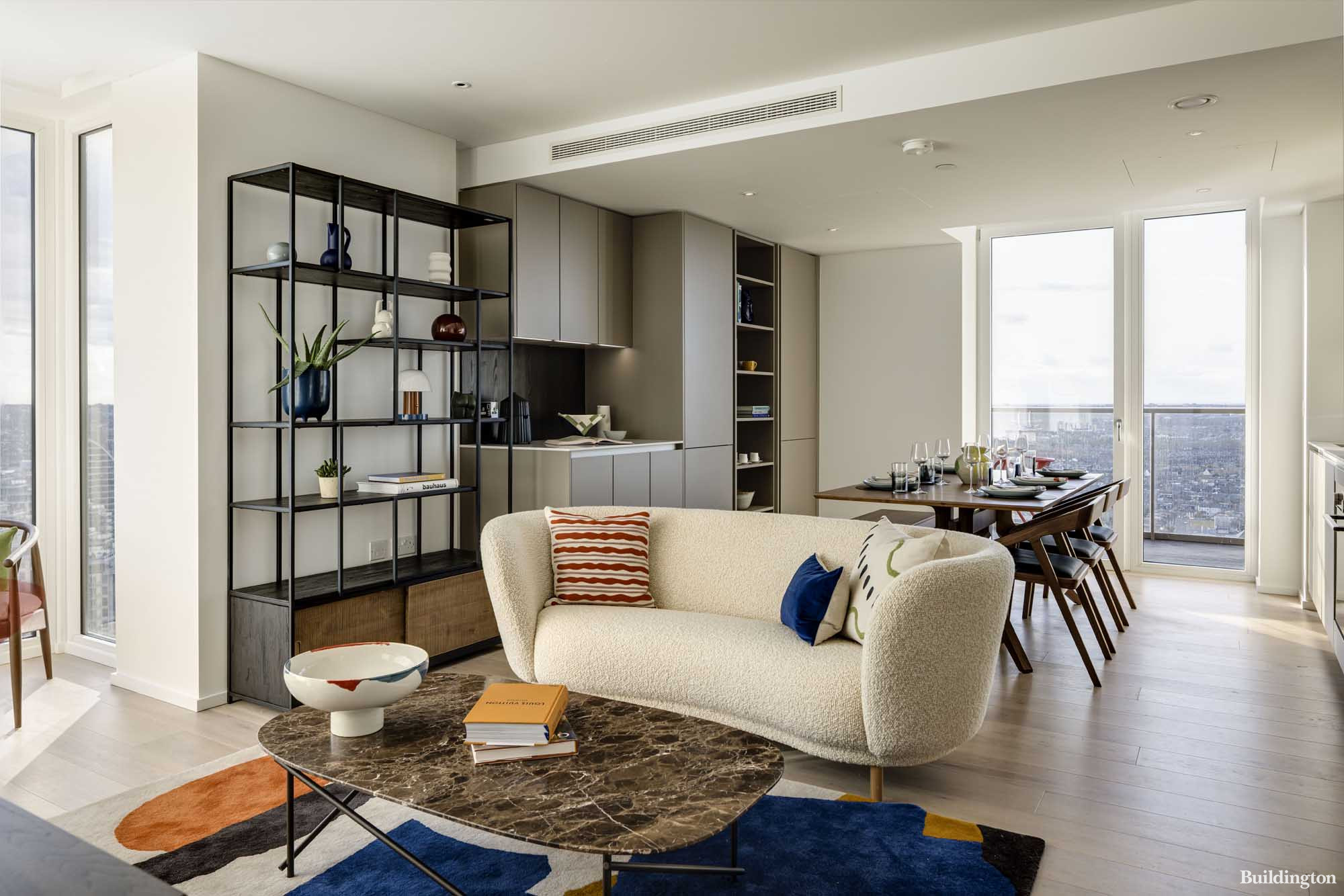 The new show apartment designed by The Conran Shop is subtly divided by loose furniture, giving way to a zoned dining area, designed with socialising in mind.