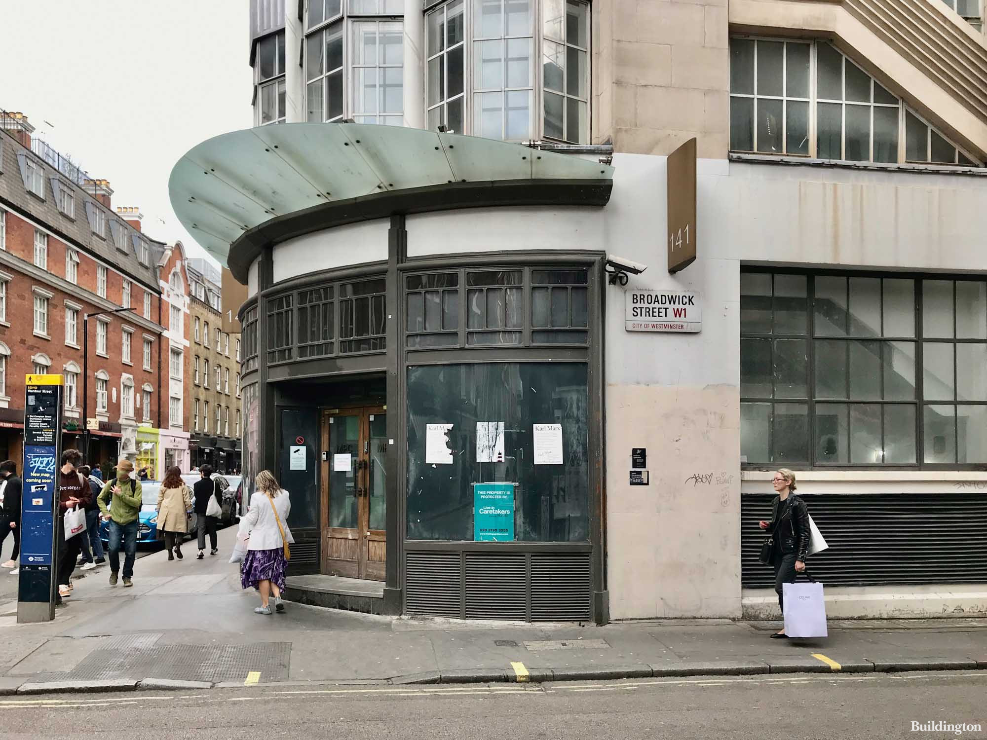 Entrance to 135-141 Wardour Street building on the corner of Broadwick Street in Soho, London W1.