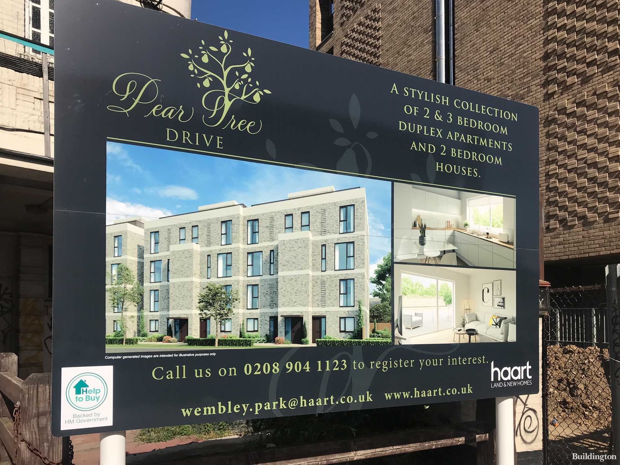 Pear Tree Drive development board on Ealing Road. A stylish collection of 2 and 3 bedroom apartments and 3-bedroom houses advertised by estate agent Haart.