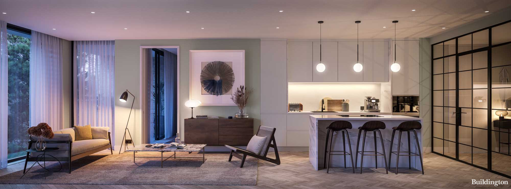 CGI of the open plan living area at One Cluny Mews development in Earl's Court, London SW5. 