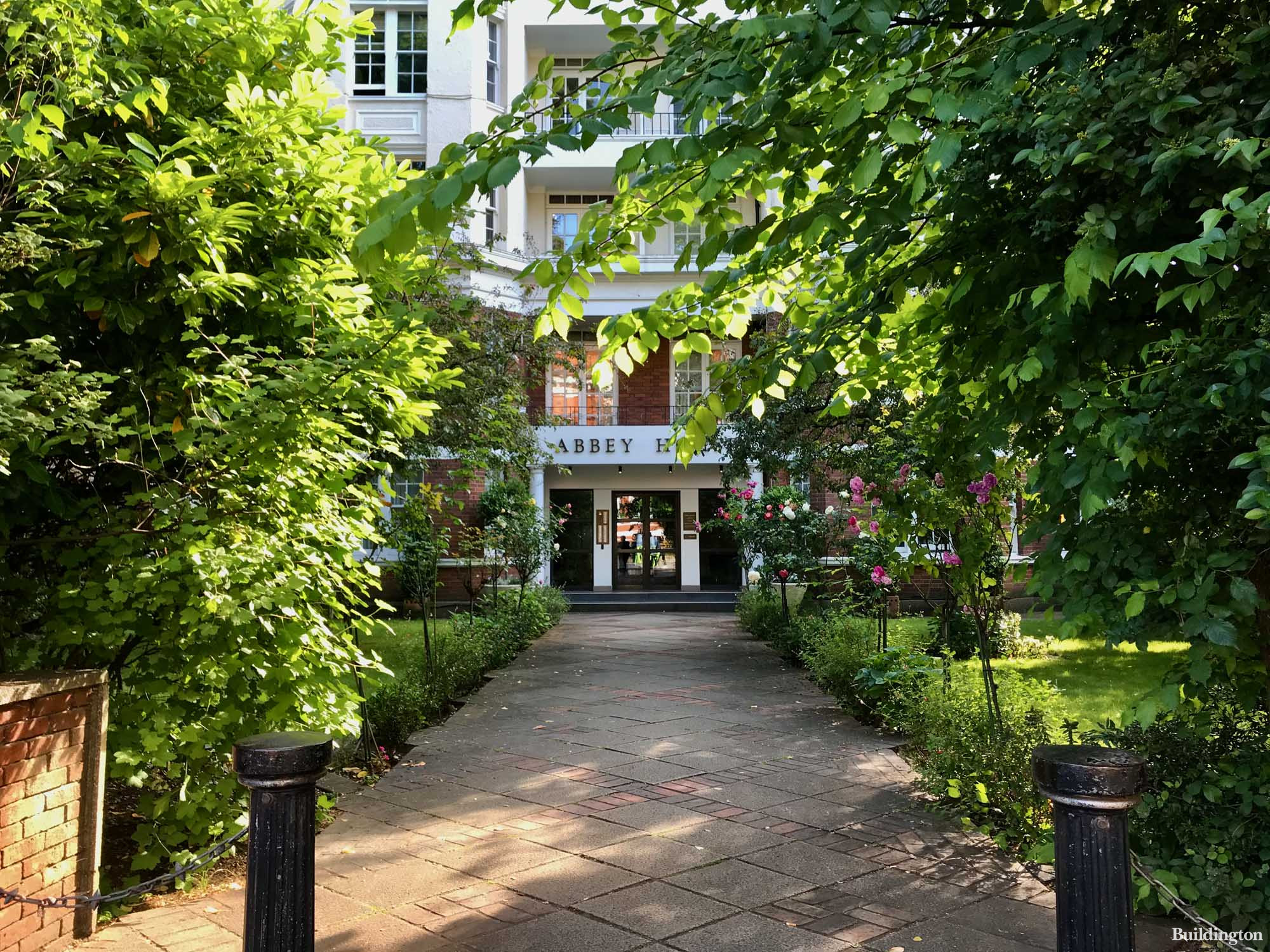 Entrance to Abbey House on Abbey Road. The building is next to Abbey Road Studios in St John's Wood, London NW8.