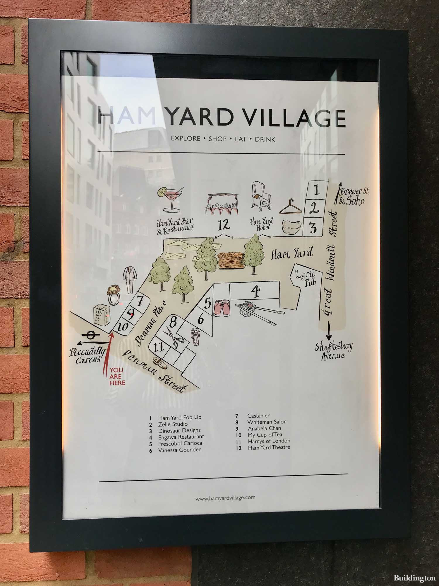 Ham Yard site plan on Denman Street in Soho, London W1.