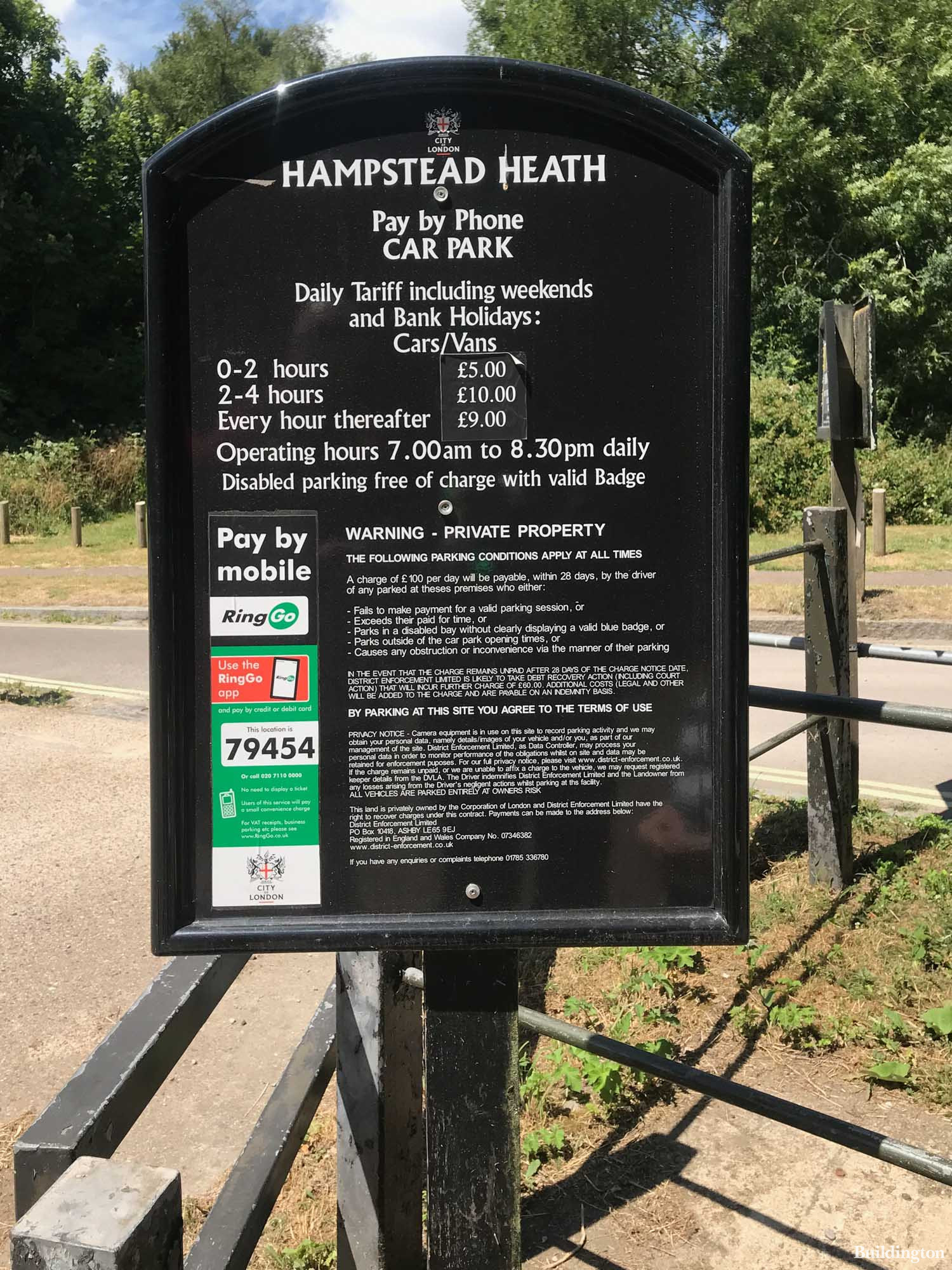 Hampstead Heath Pay By Phone car park behind Jack Straw's Castle. One of the best car parks for Hampstead Heath Pergola and Gardens in London NW3.
