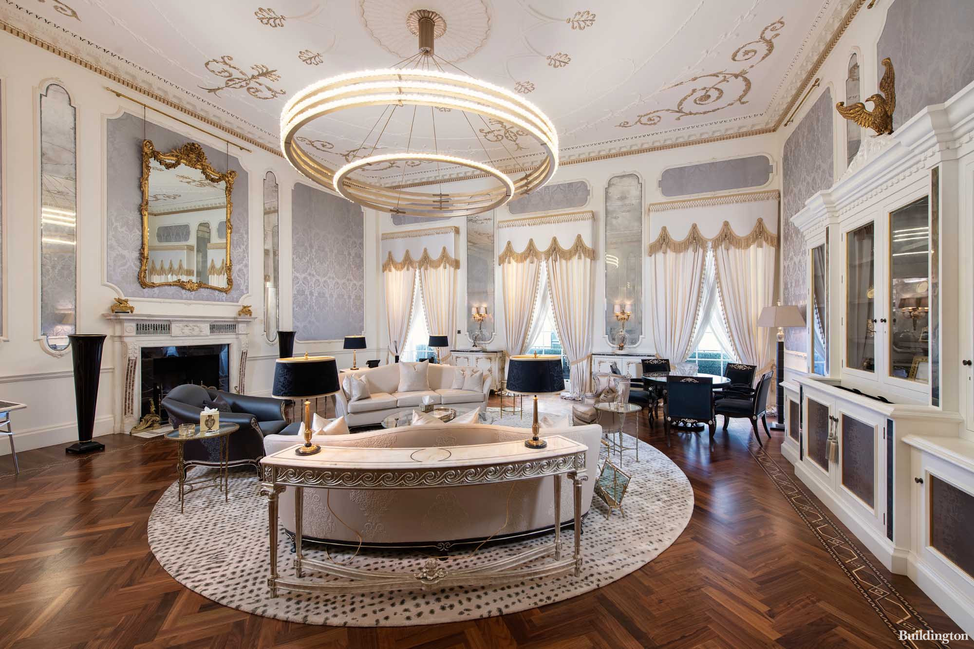 Designer Tom Ford moved into Gucci Group mansion at 5 Grafton Street and its main first floor drawing room in 1998. The room has magnificent 20ft high gold-leaf ceiling with ornate Joseph Rose plasterwork, full height windows, parquet flooring and Georgian fireplaces. 