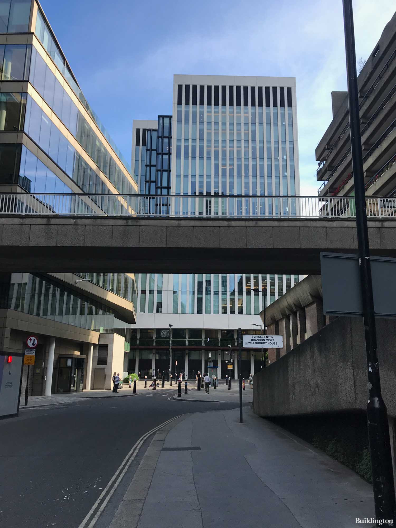 London Wall Place building from Moor Lane. Moor Place to the left, Andrewes House at the Barbican to the right.