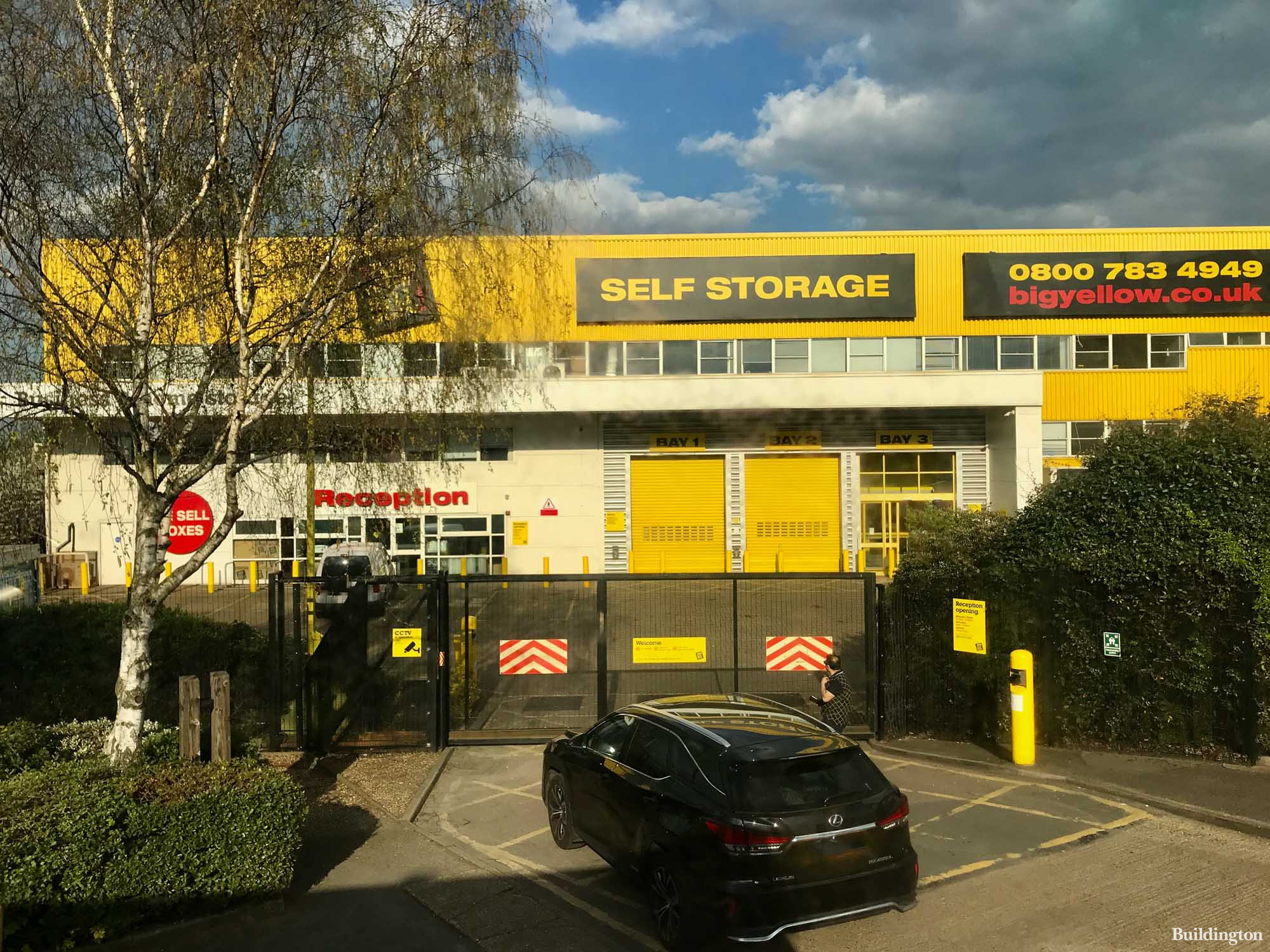 At the gates to the Big Yellow Self Storage Staples Corner building, 1000 North Circular Road, in London NW2.