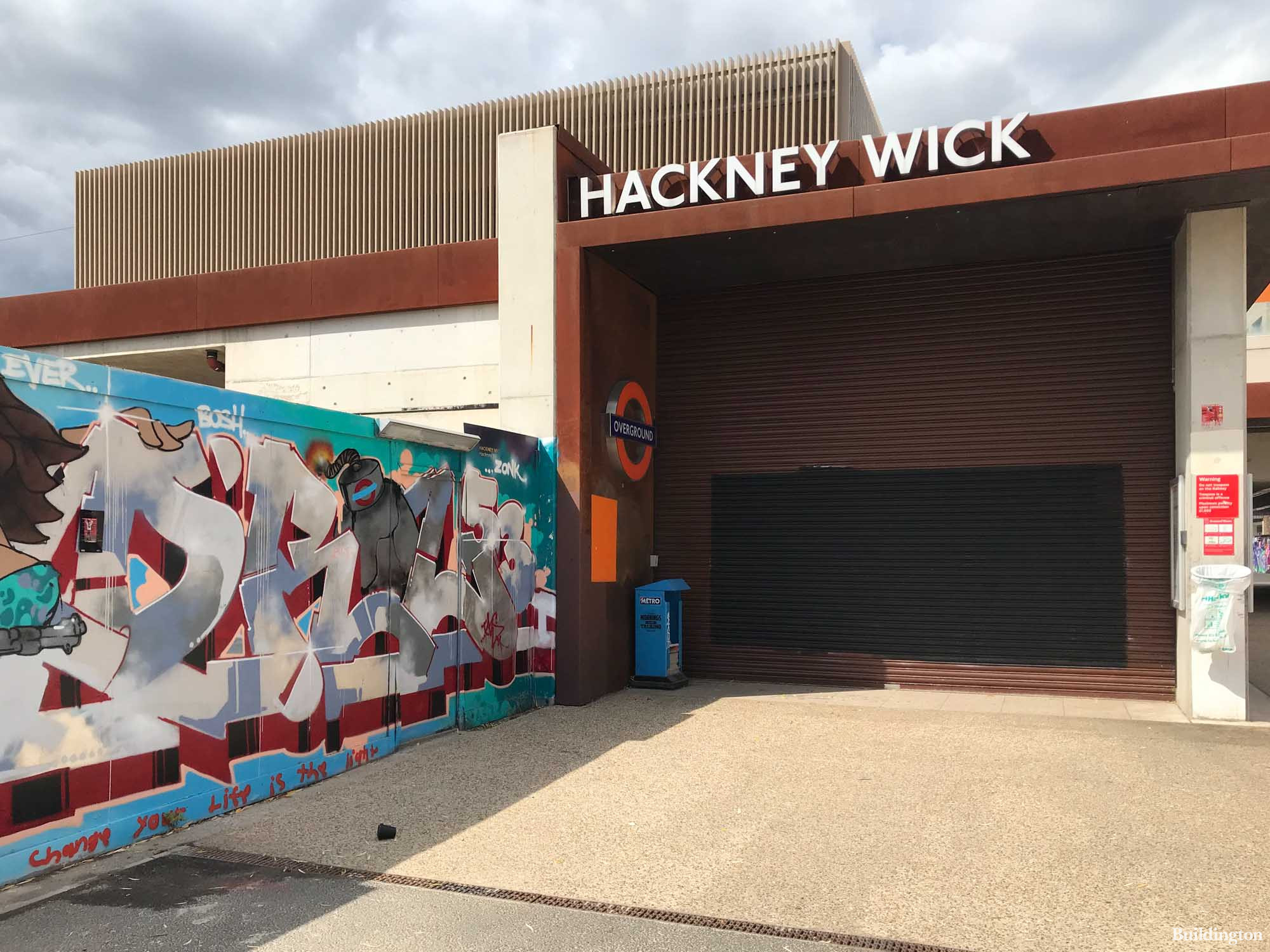 Hackney Wick Station entrance in summer 2022.