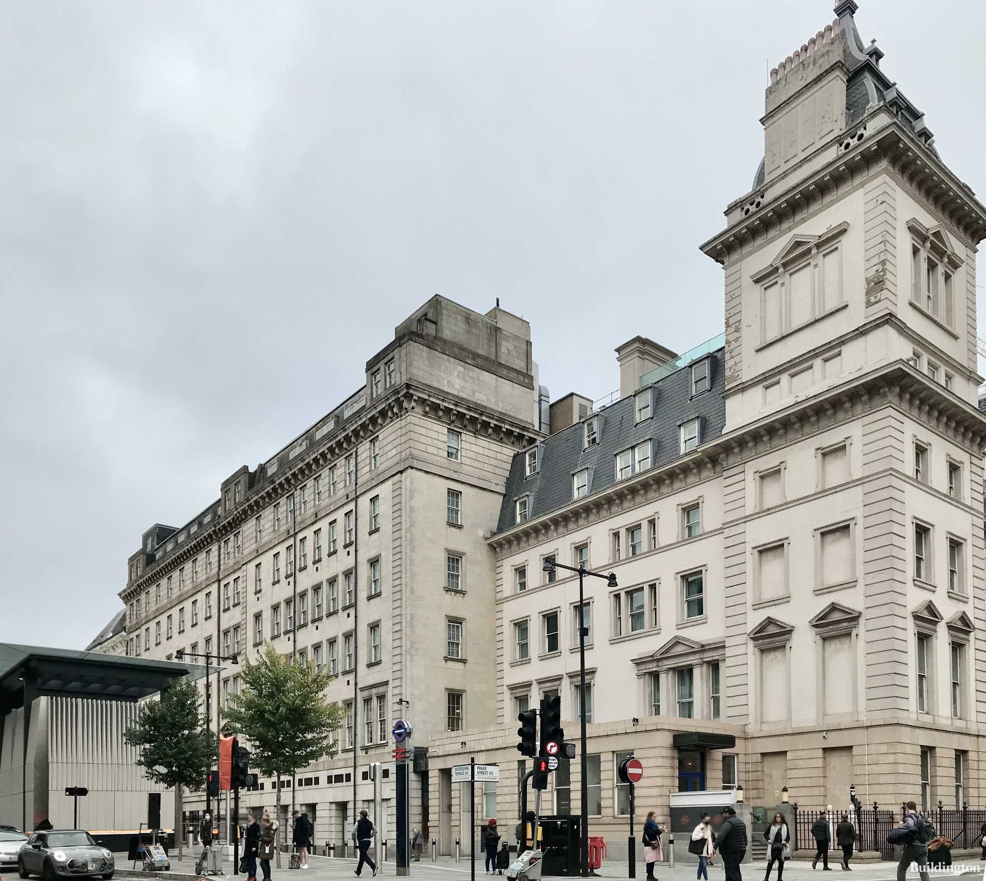 Hilton London Paddington building on the corner of Eastbourne Terrace and Praed Street. Crossrail Elizabeth Line entrance to the left.