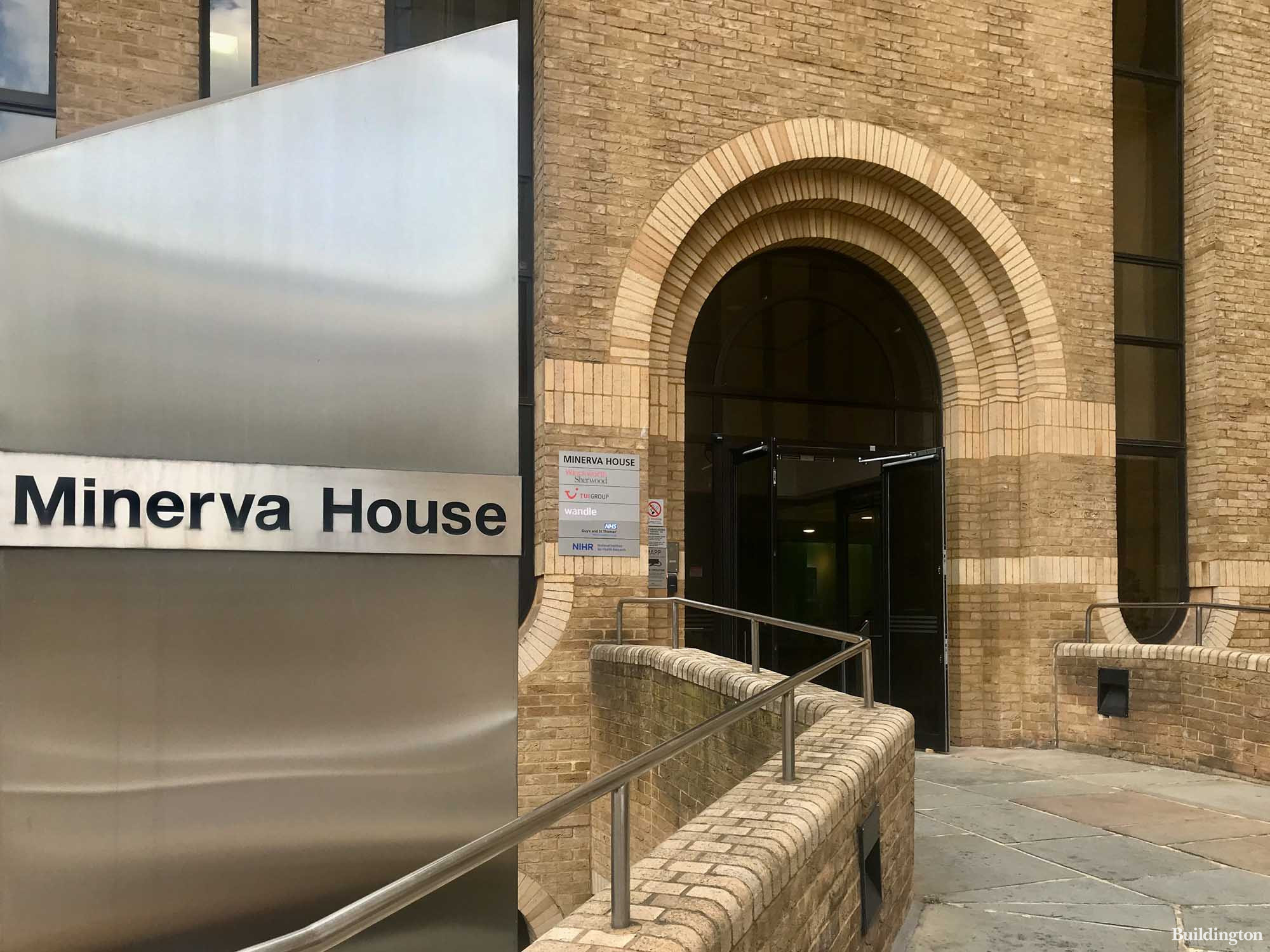 The main entrance to Minerva House at Montague Close in London SE1.