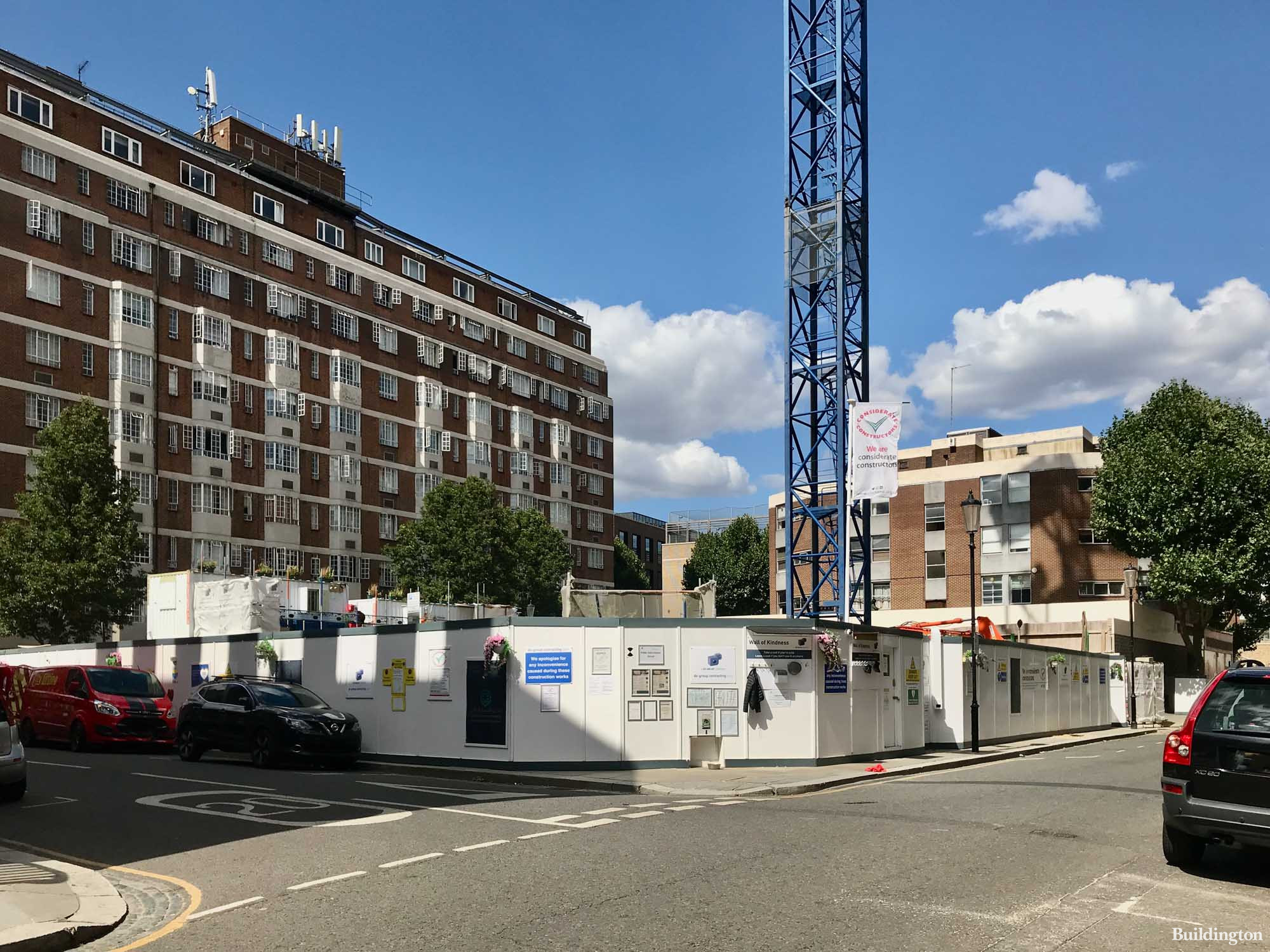The Lucan - Autograph Collection Residences development site on the corner of Lucan Place and Petyward in August 2022. Chelsea Cloisters apartments in the background.