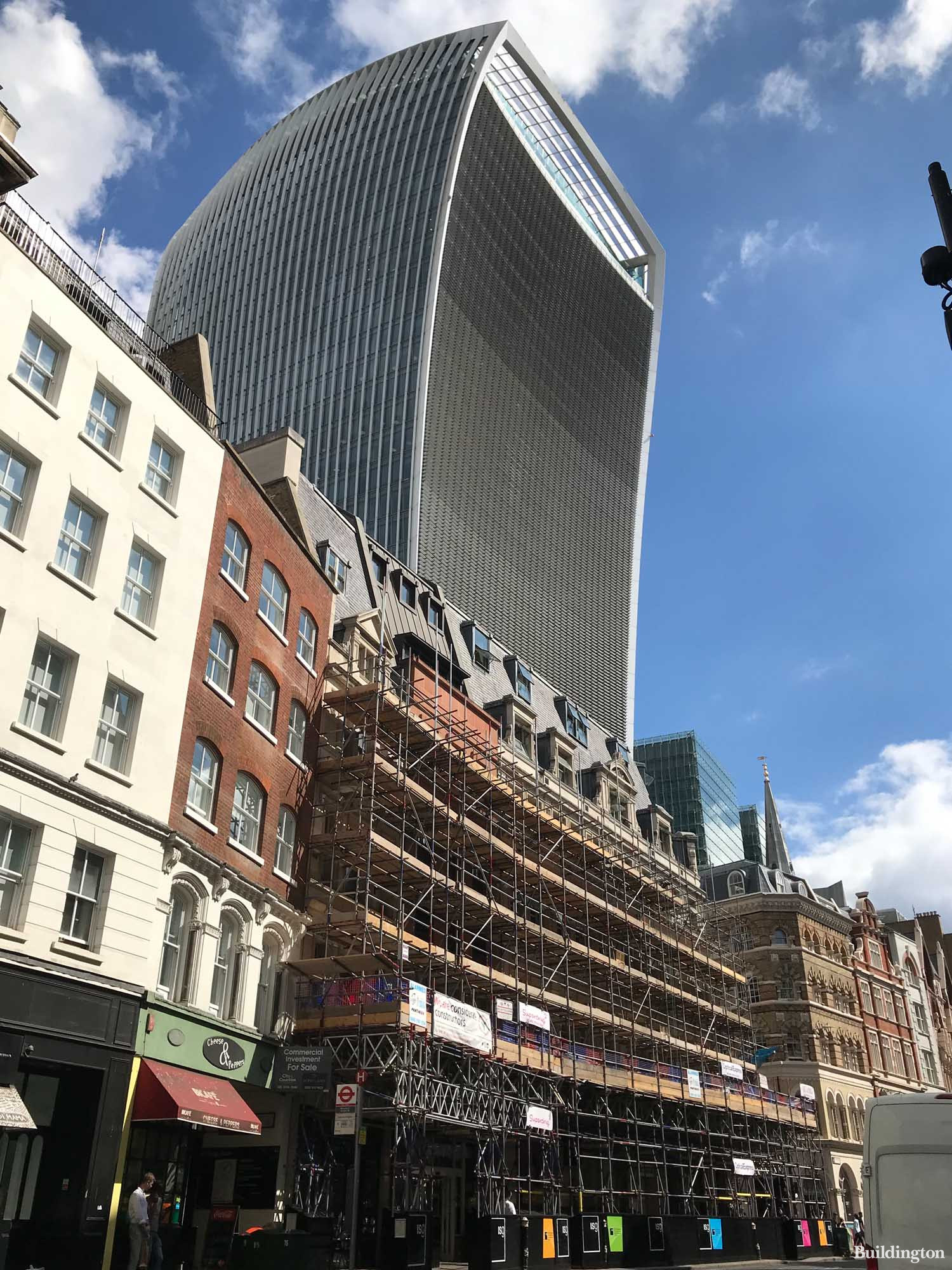 ISG refurbishing 11 Philpot Lane office building on Eastcheap in the City of London EC3. 20 Fenchurch Street in the background.