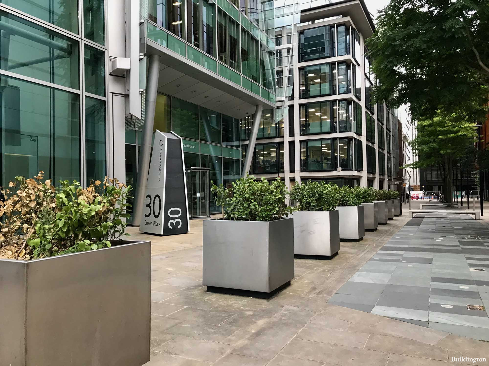 Entrace to Pinsent Masons offices at 30 Crown Place, London EC2.