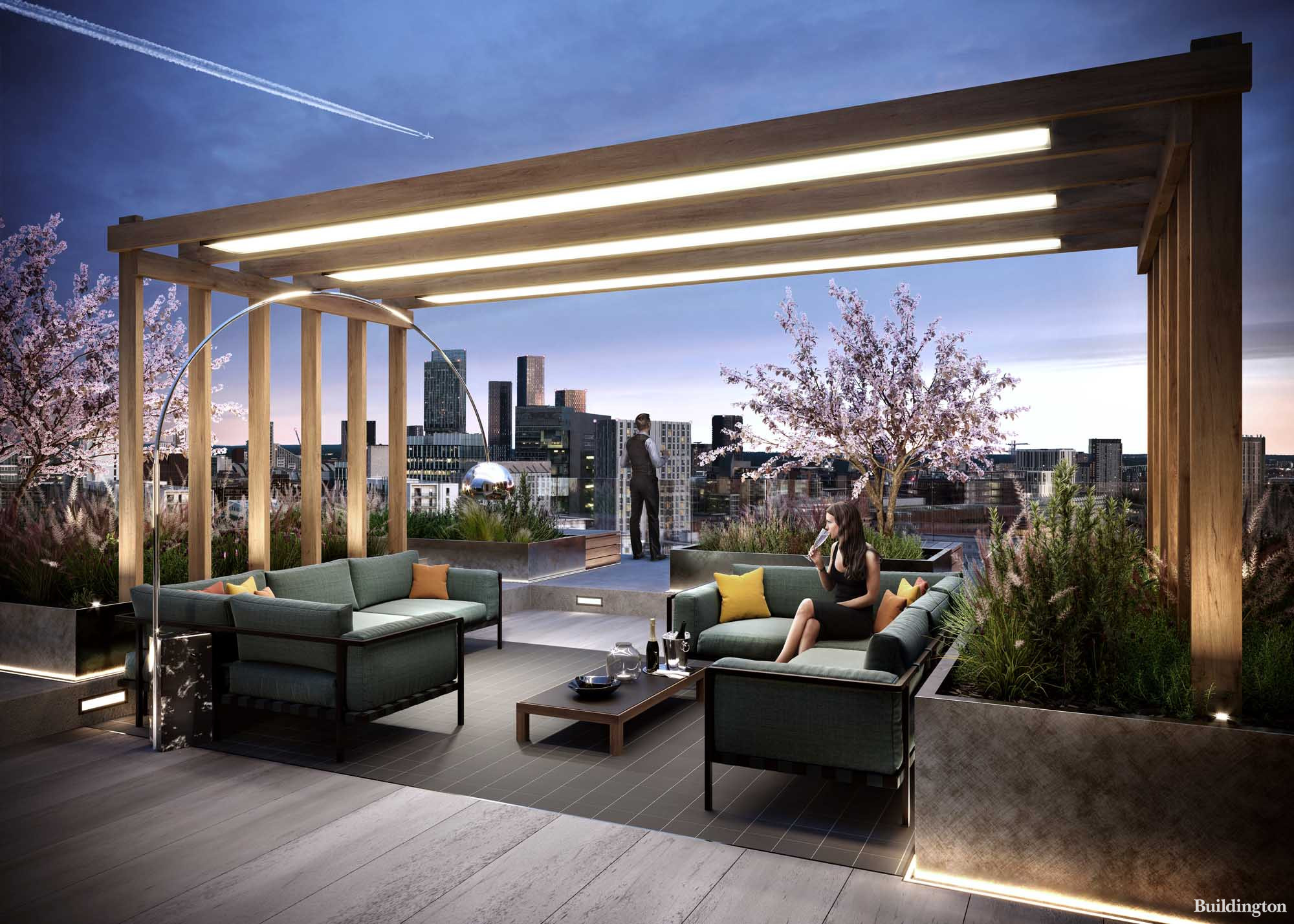 CGI of the terrace at Fifty5ive Queen Street development by Salboy in Salford, Manchester M3