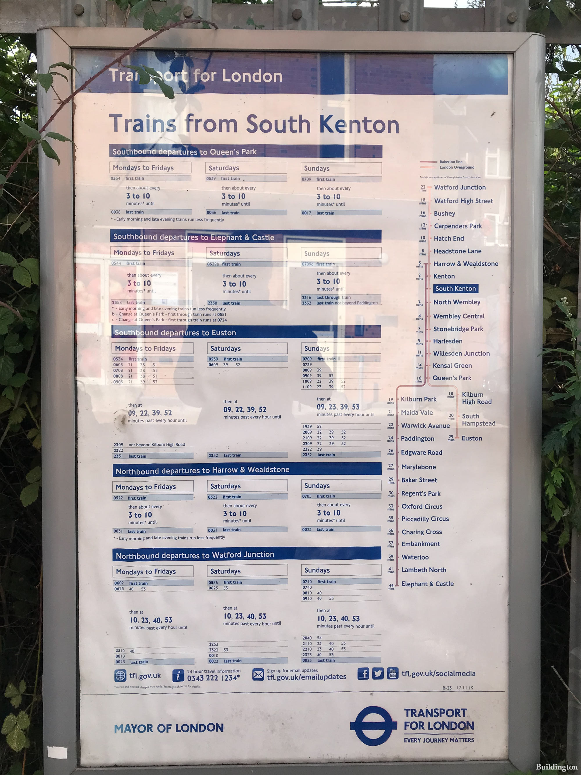 South South Kenton Station timetable serving Metropolitan, Bakerloo and Overground lines.