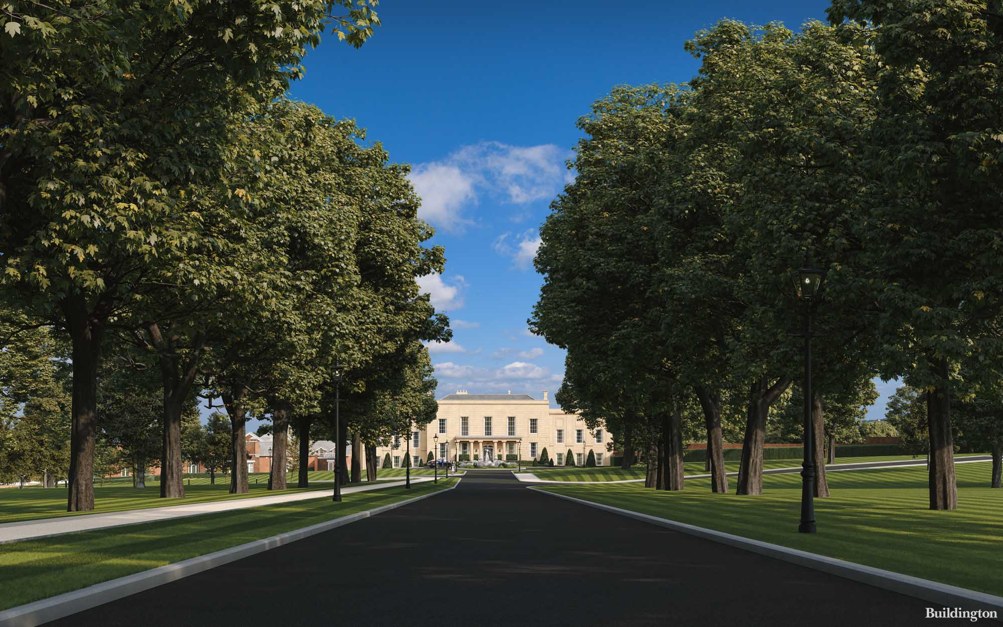 CGI of the driveway to Newland Park Grade II listed manor house in Chalfont St Giles.