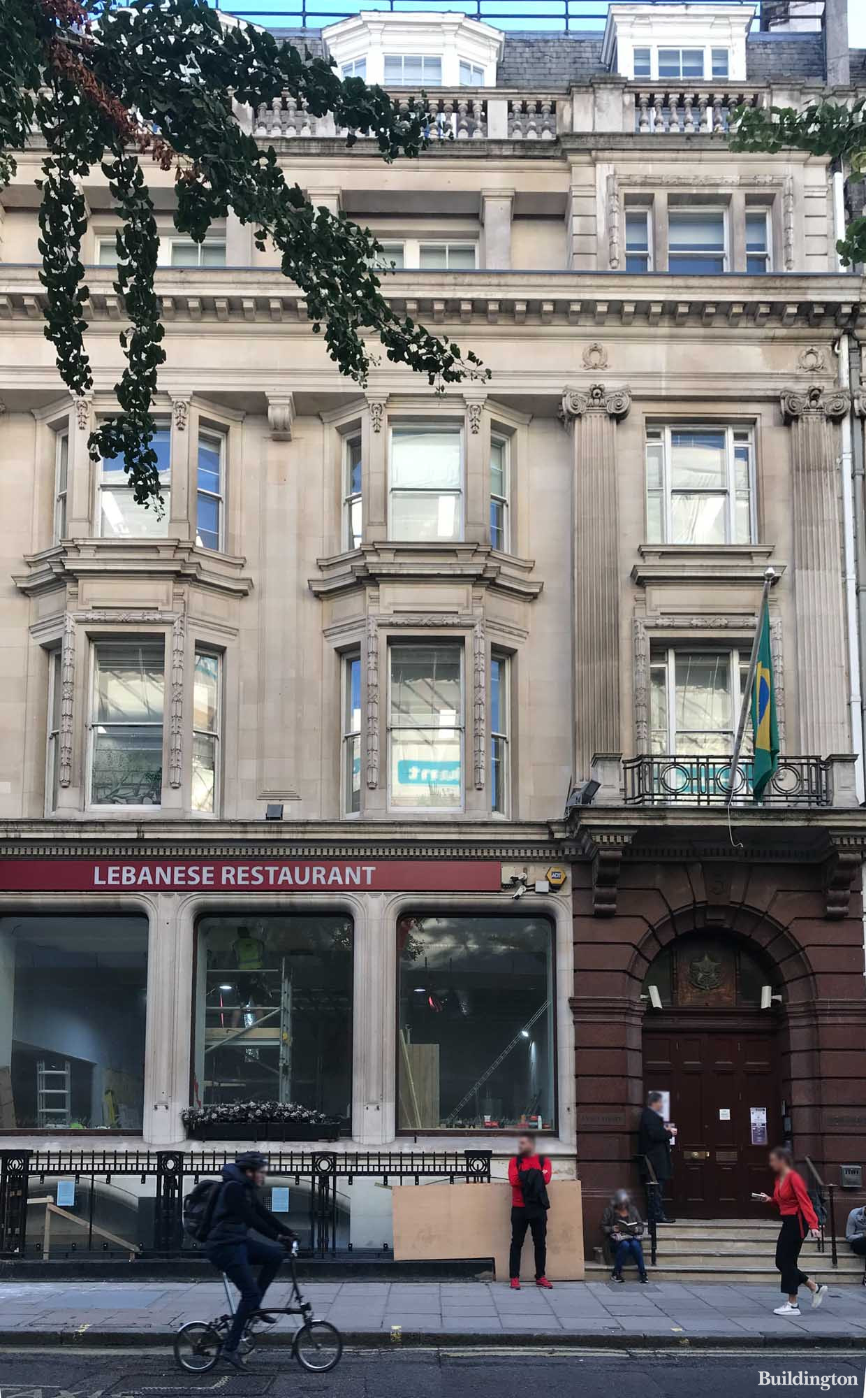 Lebanese restaurant Maroush next to the entrance to Consulate General‎ of Brazil in London (Consulado-Geral do Brasil em Londres) building at 3-4 Vere Street off Oxford Street in Marylebone, London W1.