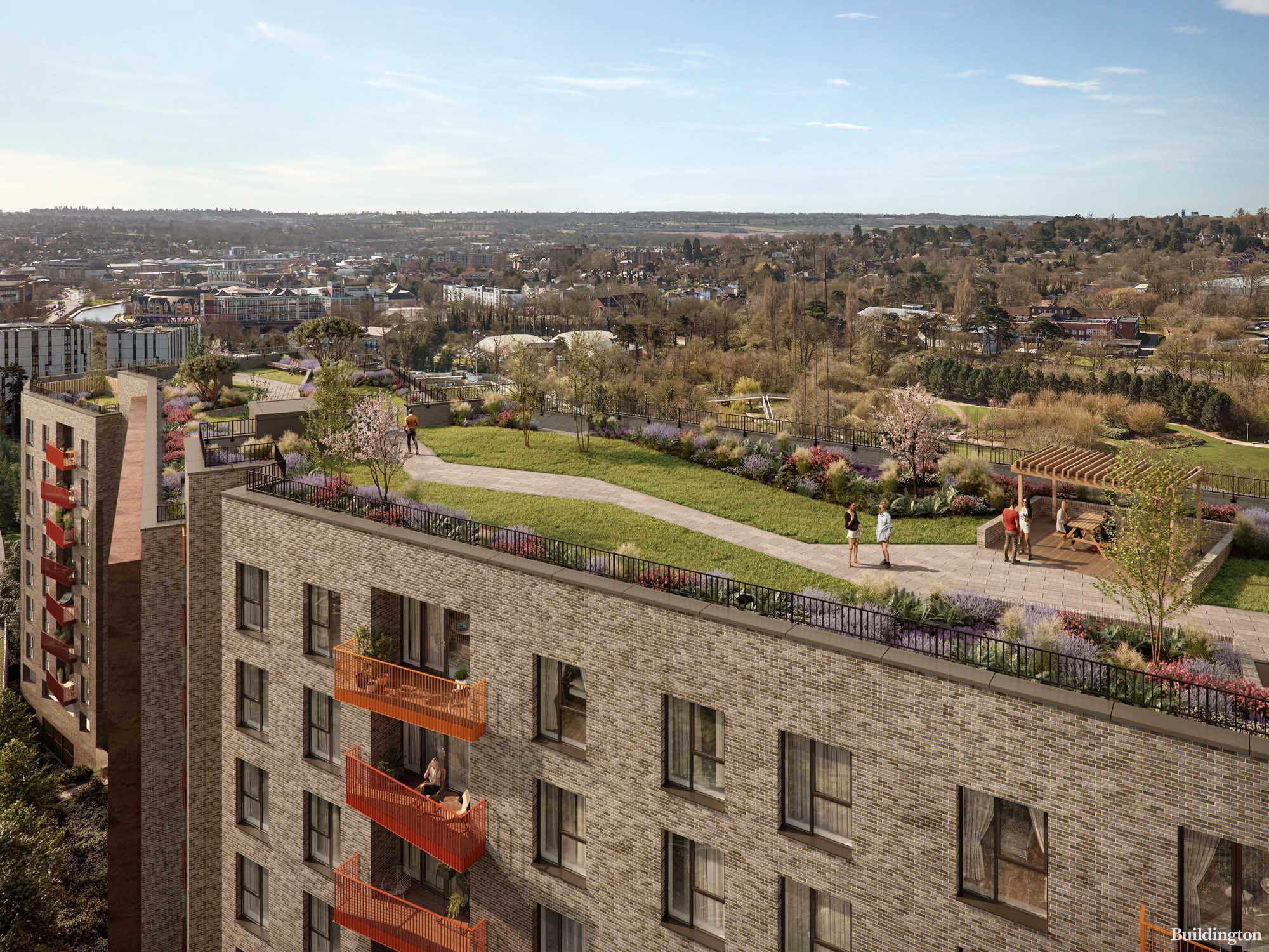 Cotman Building's roof terrace at Springfield Park development in Maidstone, Kent in England.