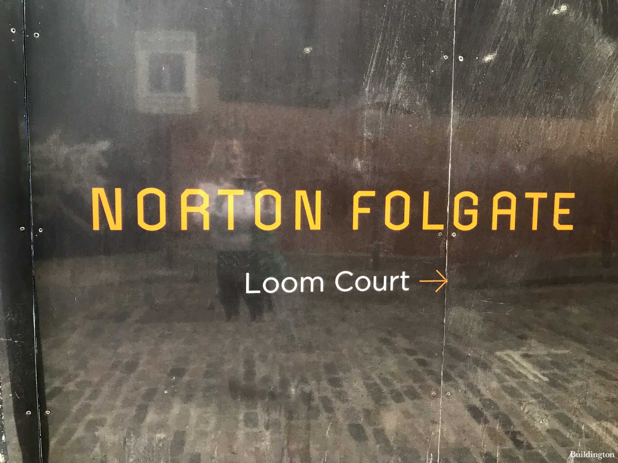 Loom Court at Norton Folgate development hoarding in Spitalfields, London E1