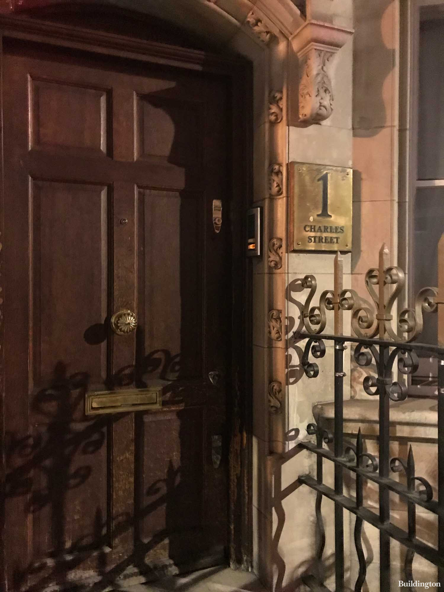 Door at 1 Charles Street in Mayfair, London W1.
