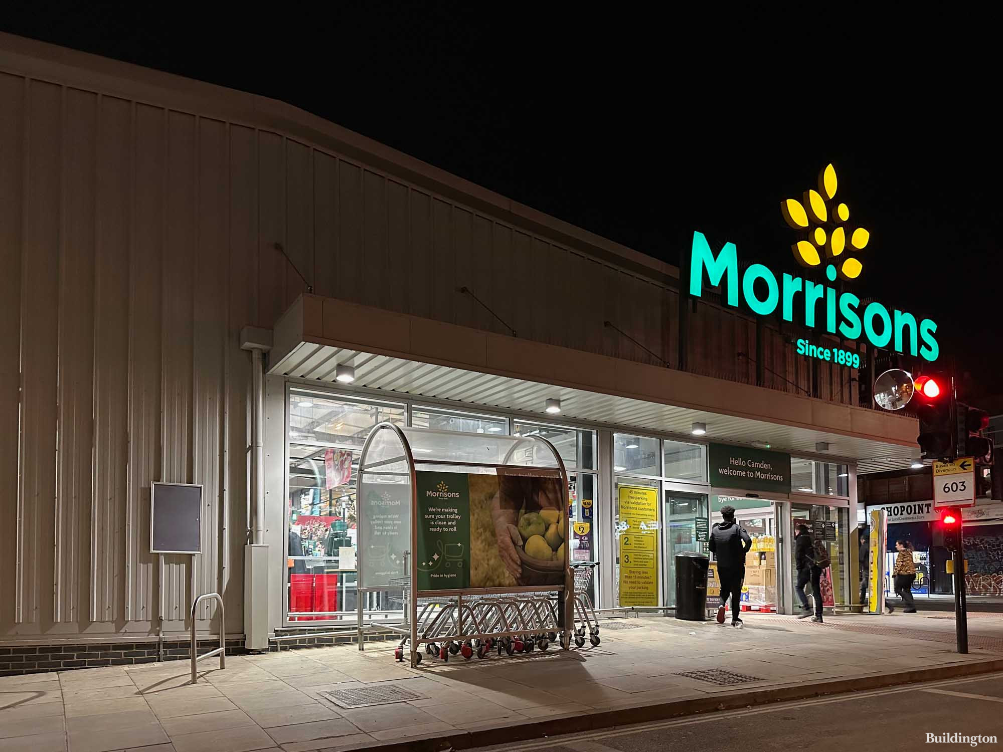 Morrisons temporary store replaces the petrol filling station on Chalk Farm Road in Camden NW1.