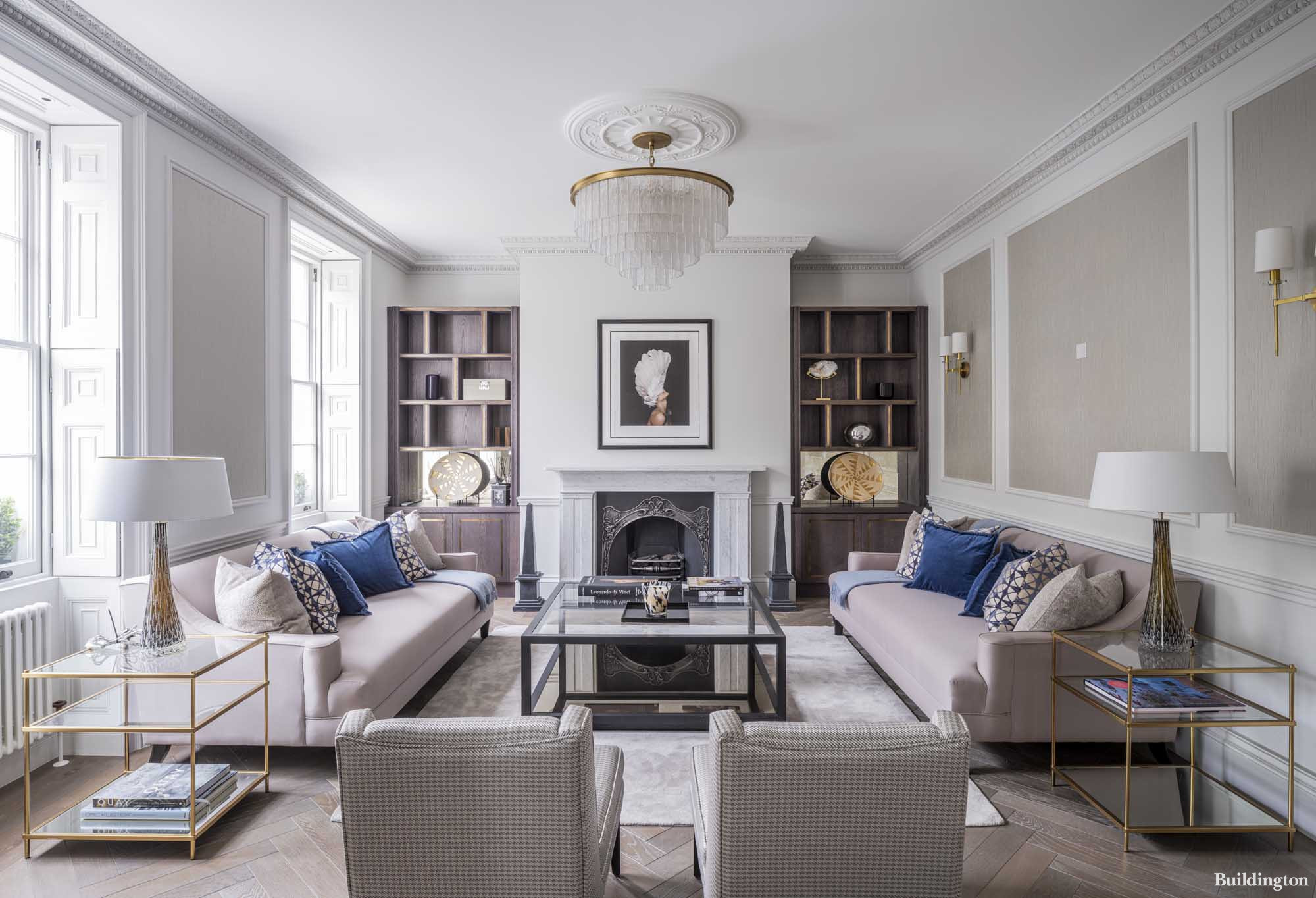 Living room at the Manchester Street townhouse for sale in Marylebone, London W1, via Aston Chase in 2023.