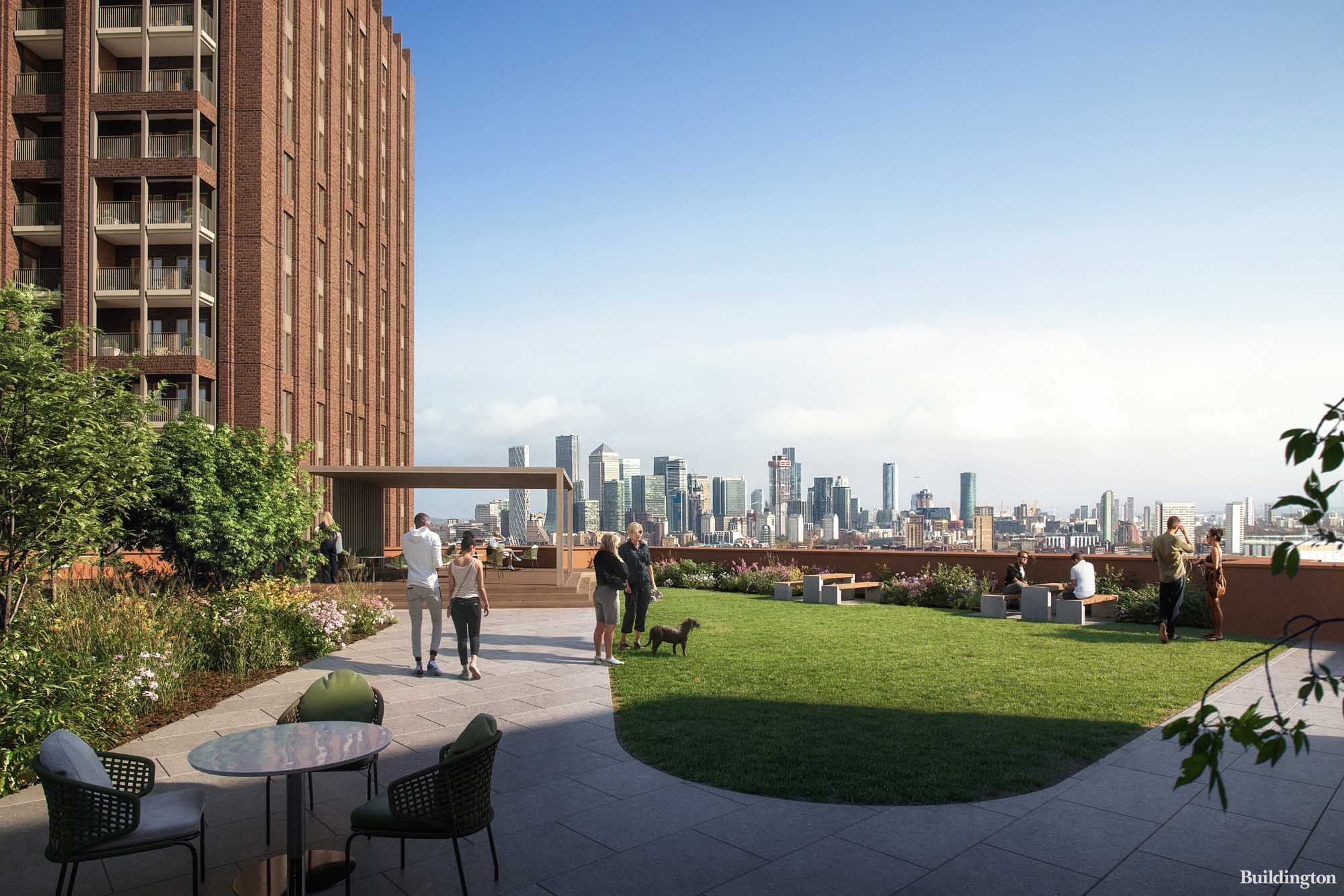 First images of THE BeCa - tthe rroof terrace at the 18-storey tower as the first residential scheme to launch at Ruby Triangle masterplan on Old Kent Road in London.
