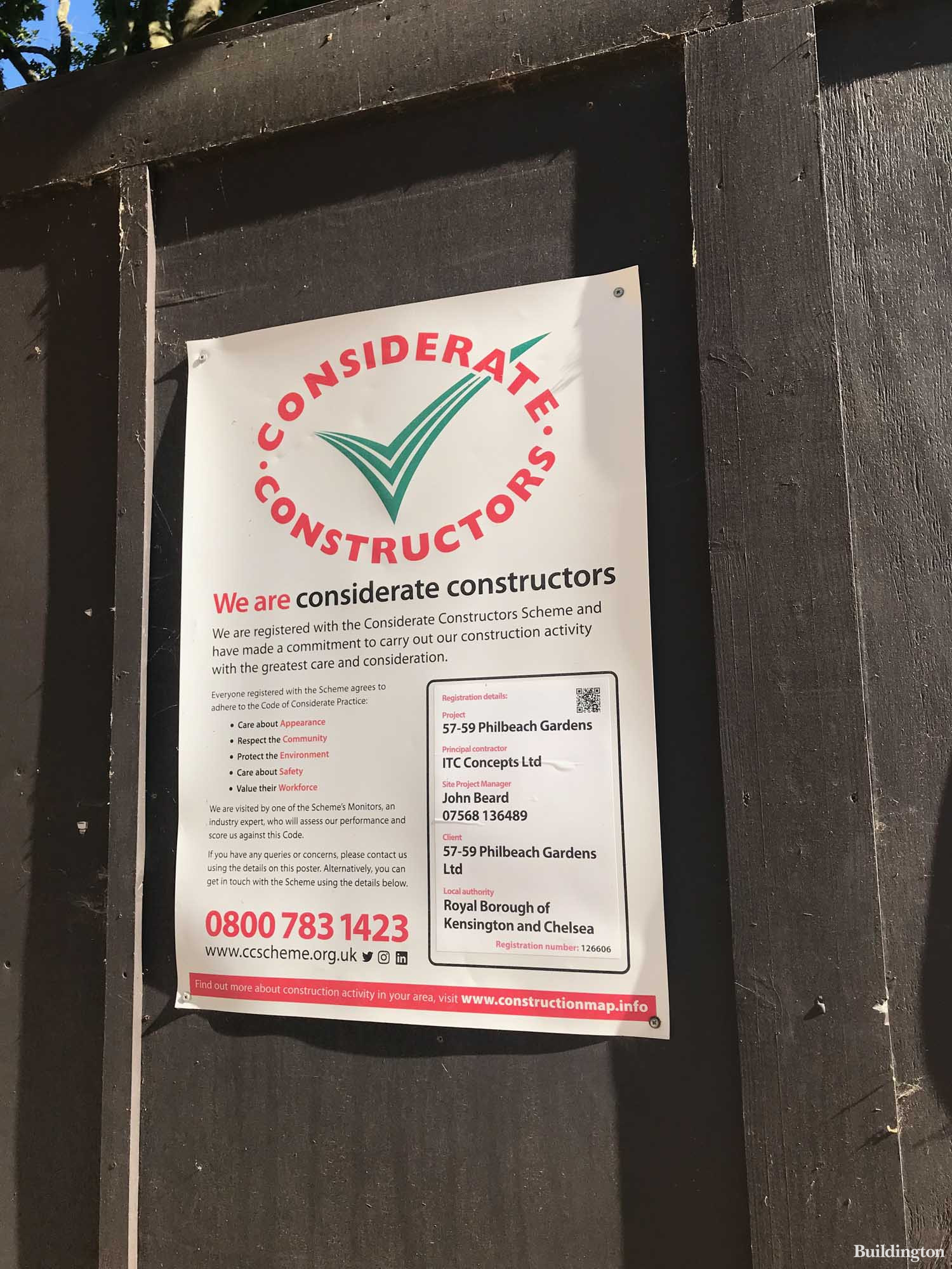 ITC on site - Considerate Constructors poster at 57-59 Philbeach Gardens, London SW5