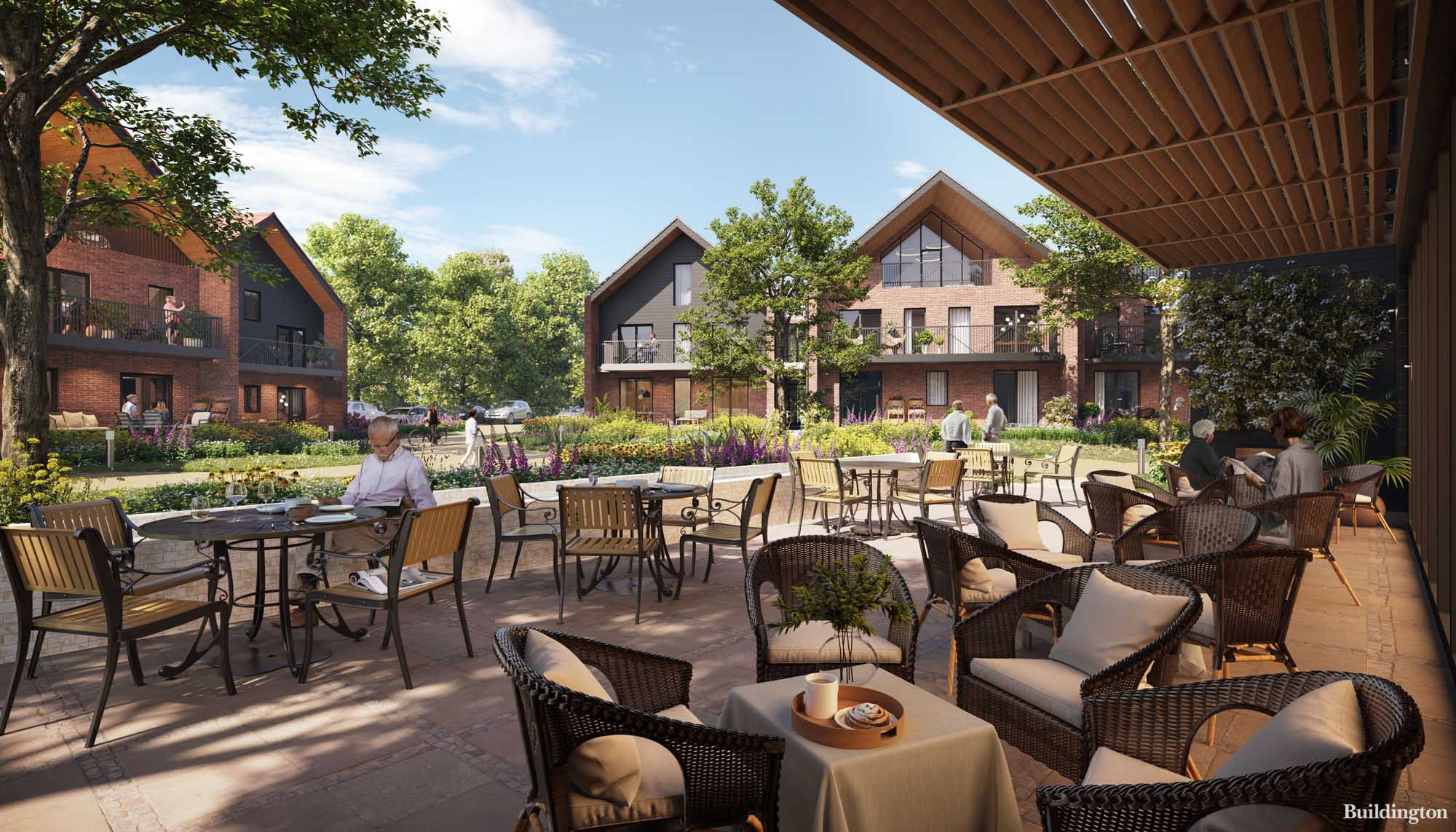 Clubhouse outdoor area in Shiplake Meadows development in Oxfordshire, England.