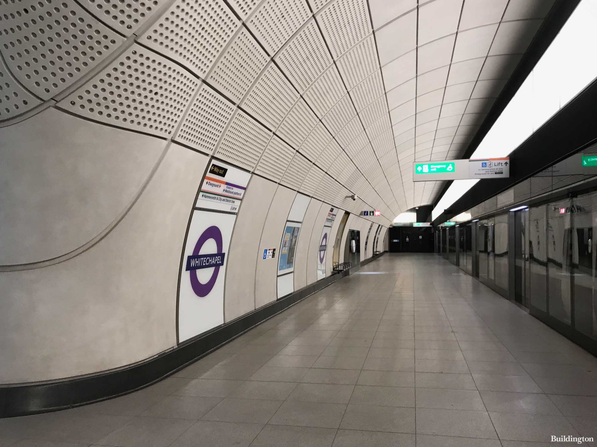 Whitechapel Station crossrail Elizabeth Line platform interior in London E1.